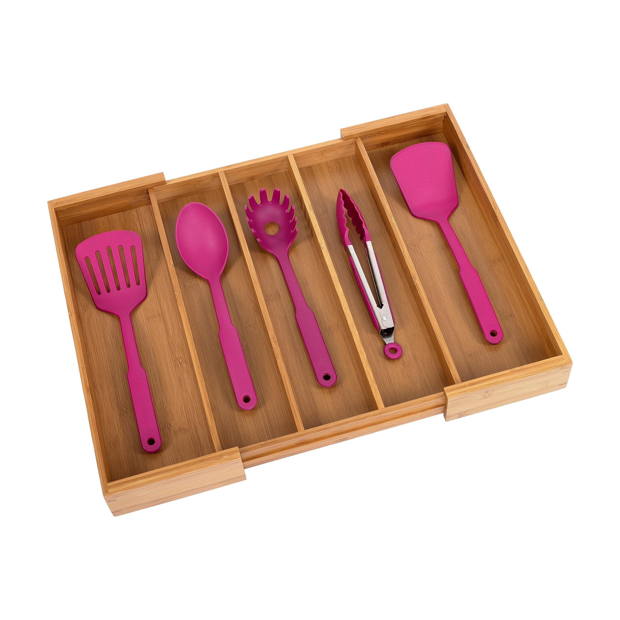Seville Classics Expandable Bamboo Organizer Tray - 5 Compartment Storage Bin for Kitchen Utensils, Office Supplies, Makeup & K-Cups | Perfect for Pantry, Closet & Desk Organization (Bamboo, Premium Quality)