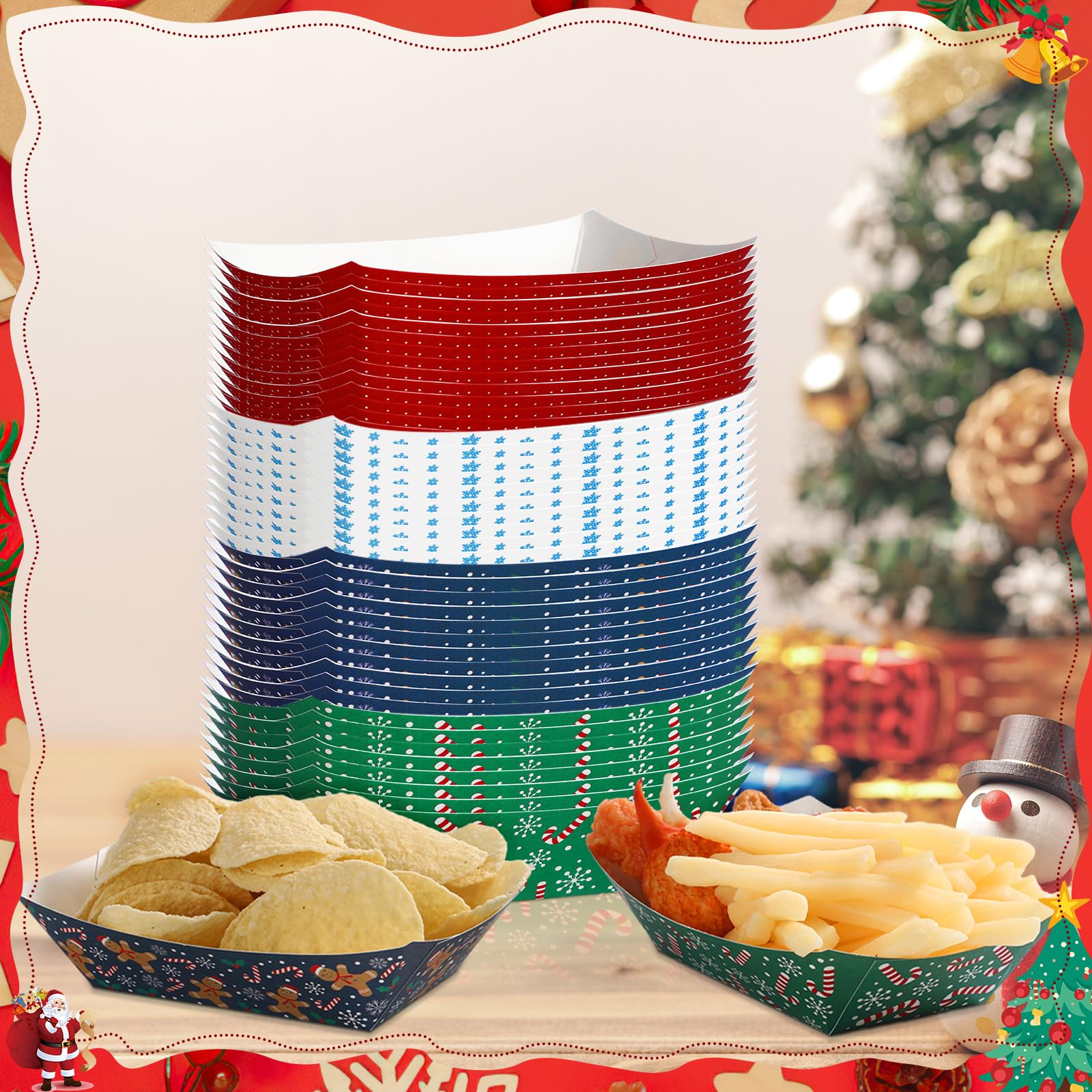 Fulmoon 100-Piece Disposable Christmas Food Serving Boats - 2Lb Paper Nacho Trays, Taco Boats & Hot Dog Containers for Holiday Parties (4 Styles) | Perfect for Christmas Buffets, Game Day Snacks & Party Appetizers