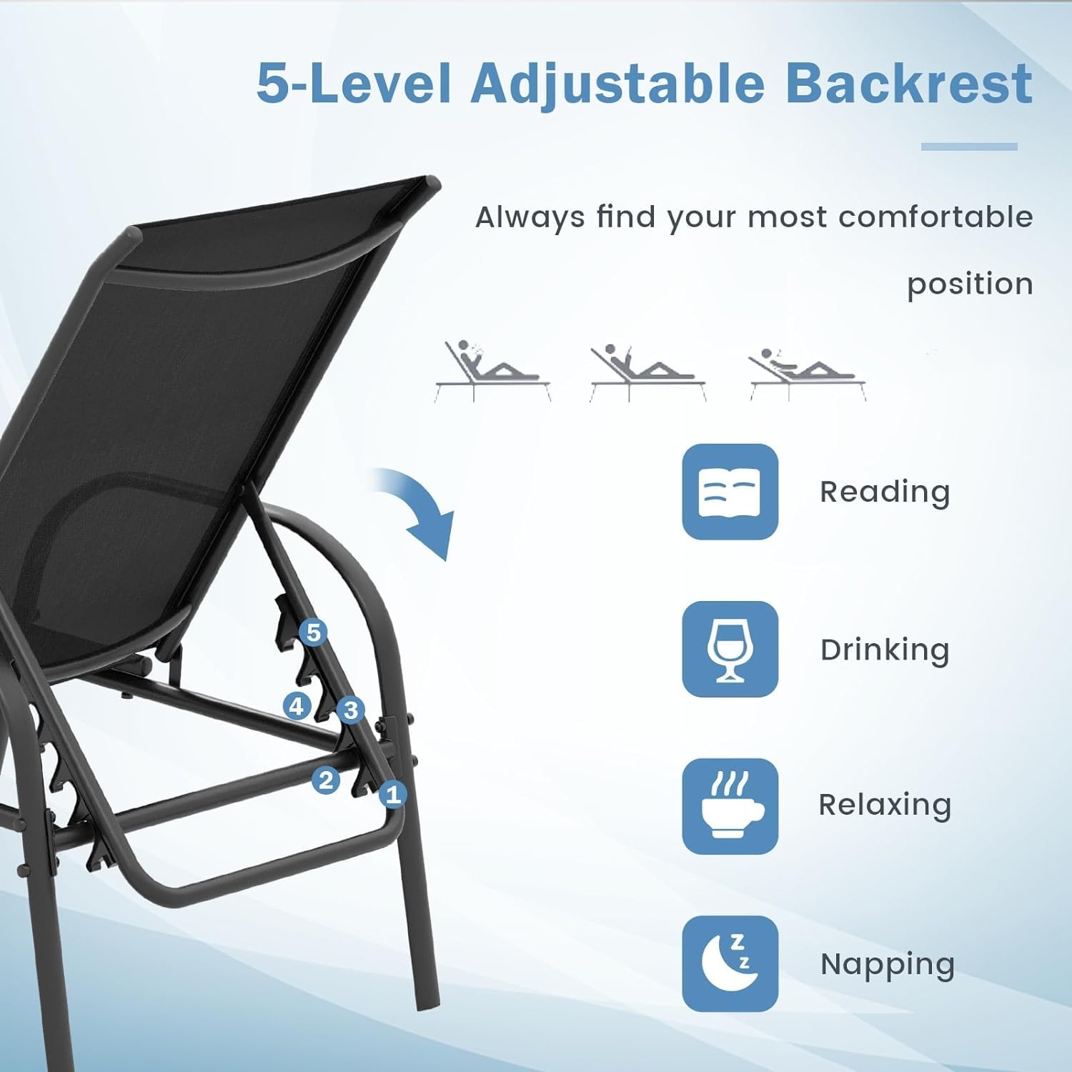 Giantex Adjustable Patio Lounge Chair - 5-Position Reclining Outdoor Chaise with Sturdy Steel Frame - Perfect for Sunbathing, Beach, Poolside, Backyard & Balcony Relaxation - Black