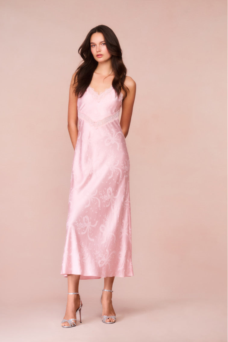 Serita Bow Jacquard Maxi Dress - Elegant Floral Print Long Dress for Women, Perfect for Weddings, Parties & Summer Vacations