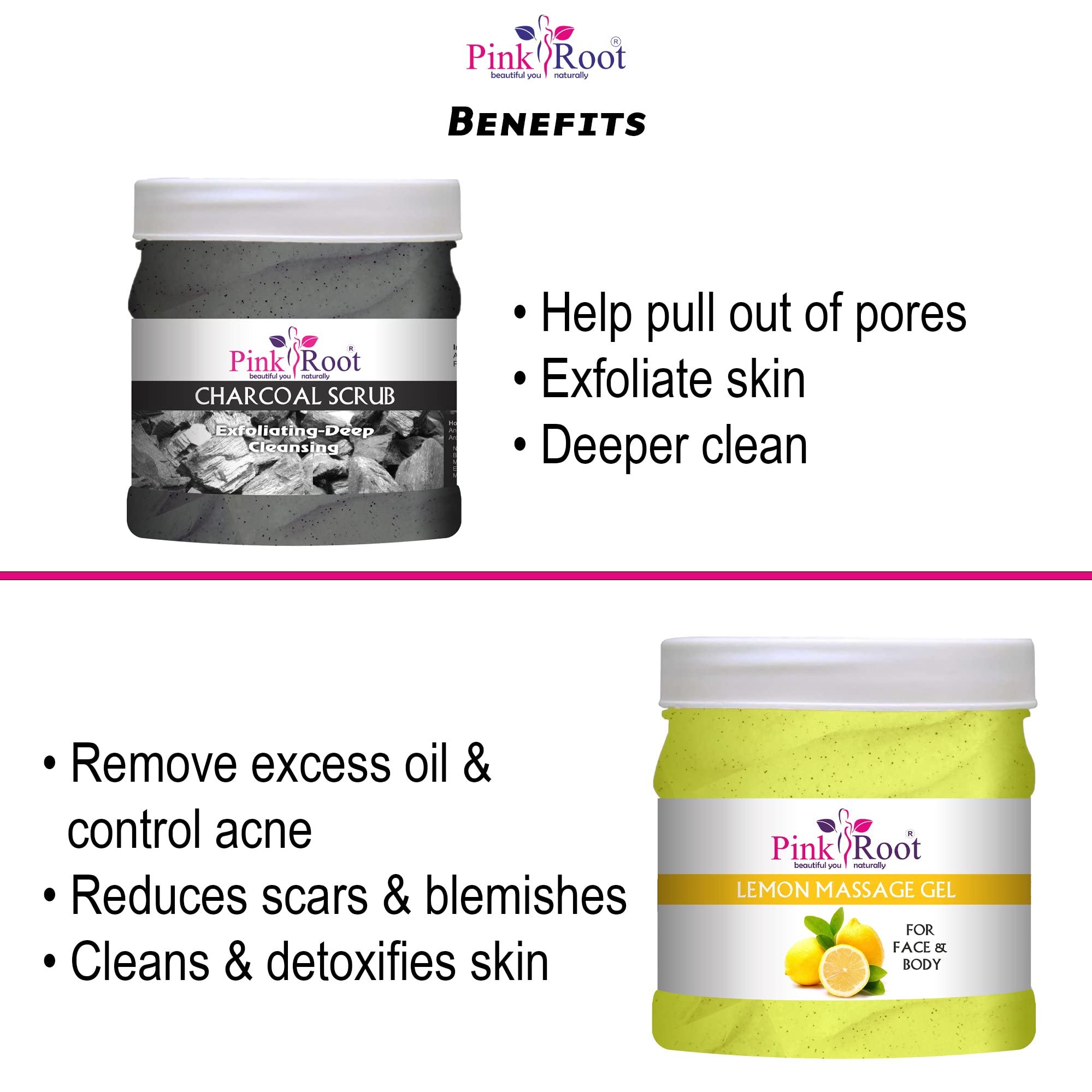 Organic Pink Root Lemon Massage Gel & Charcoal Scrub Set - 500ml Each for Deep Relaxation & Skin Detox - Perfect for Spa Nights & Self-Care Routines