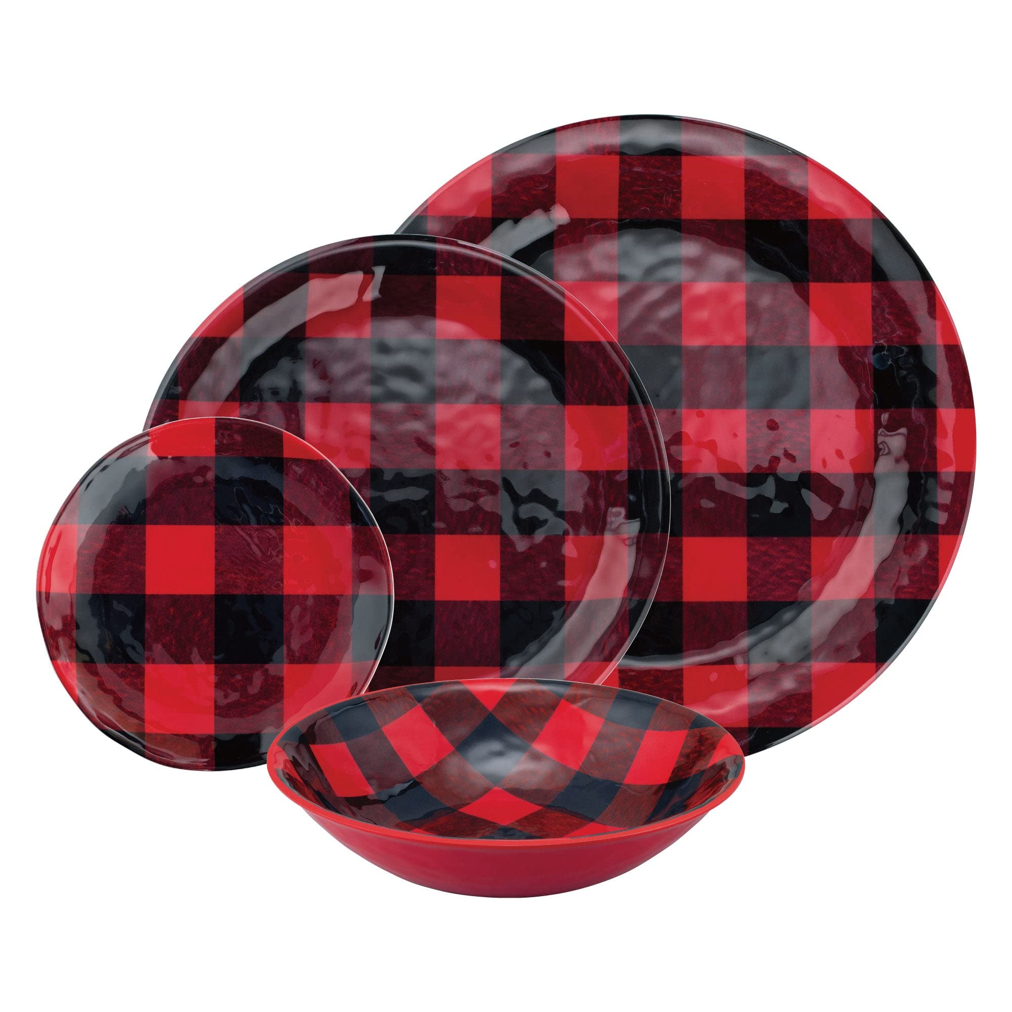 UPware 16-Piece Buffalo Plaid Melamine Dinnerware Set - Durable Outdoor Dishes & Plates with Bowls - Christmas Tableware for 4 - Red & Black Checkered Design - Perfect for Picnics, Camping, and Holiday Decorations