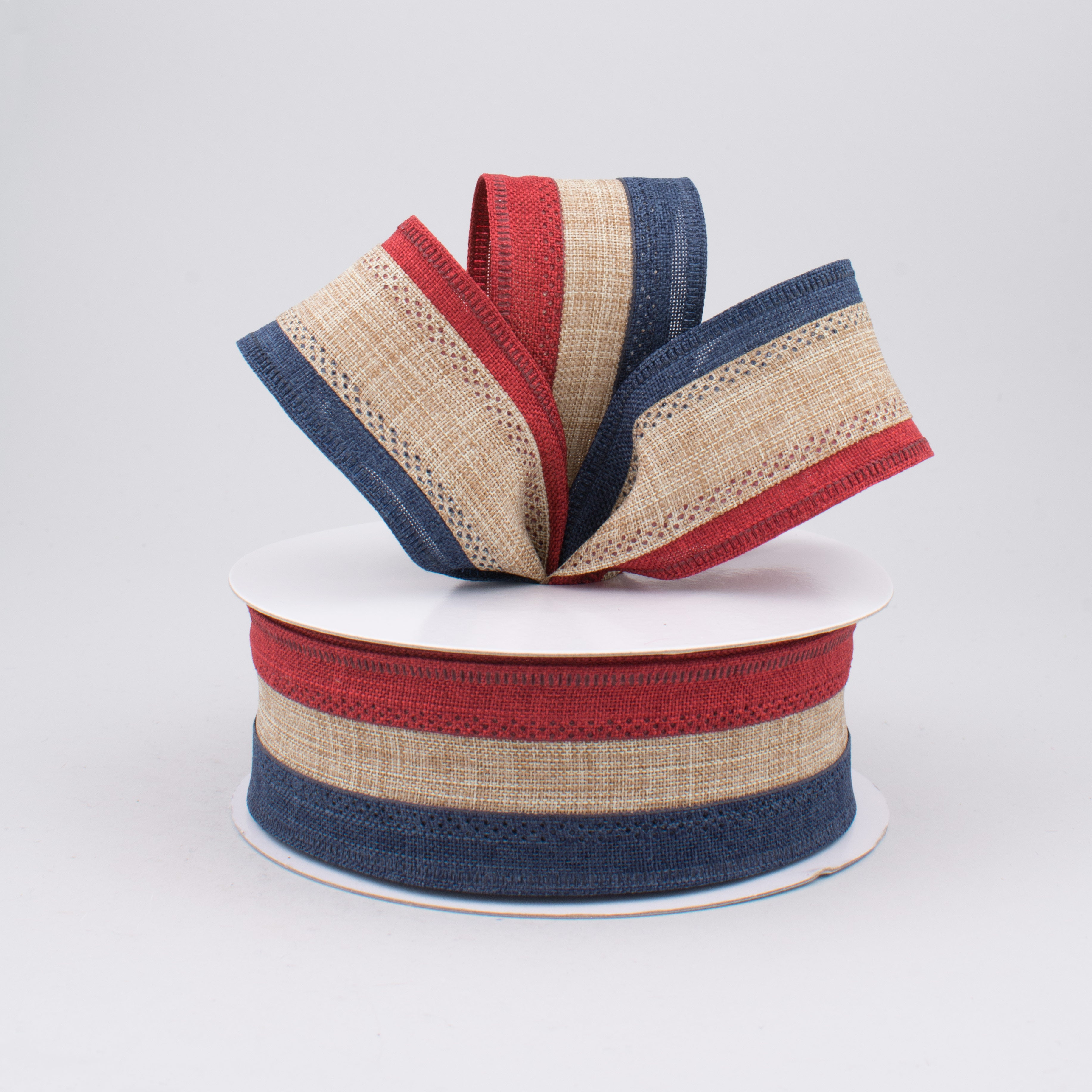 1.5 Inch Patriotic Stripe Ribbon - Burgundy, Beige & Navy - 10 Yards Bulk Spool - Perfect for DIY Crafts, Gift Wrapping, Party Decorations and Holiday Bows