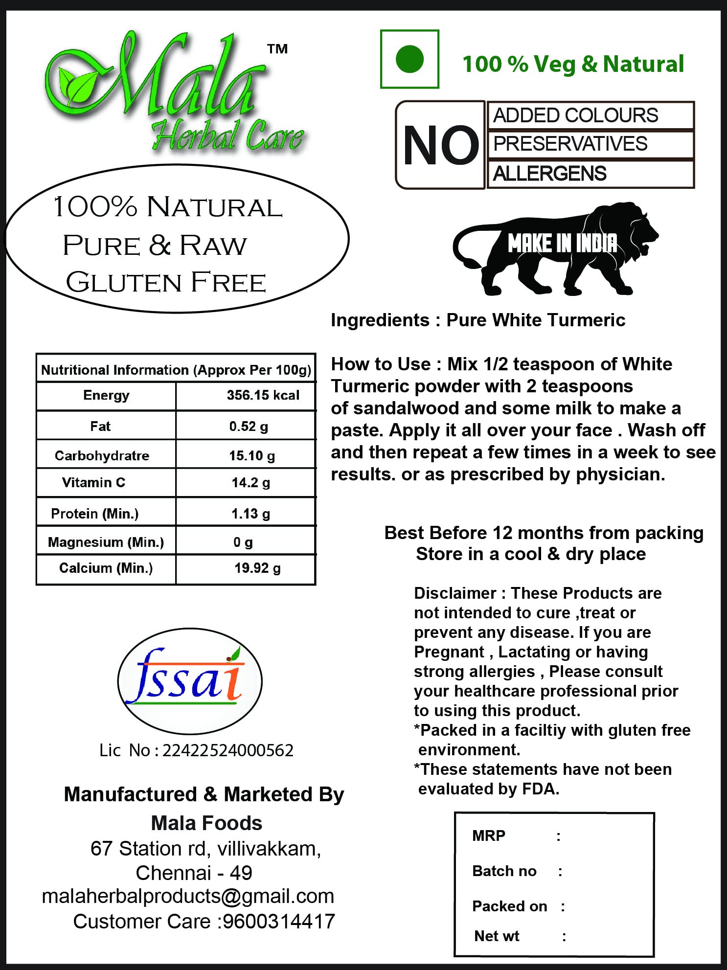 **Organic Mala PoolanKilangu Powder (200g) - Premium White Turmeric Powder, Kichili Kilangu Powder, Zedoary Powder - Gluten-Free & Vegan for Cooking, Ayurveda & Skincare**