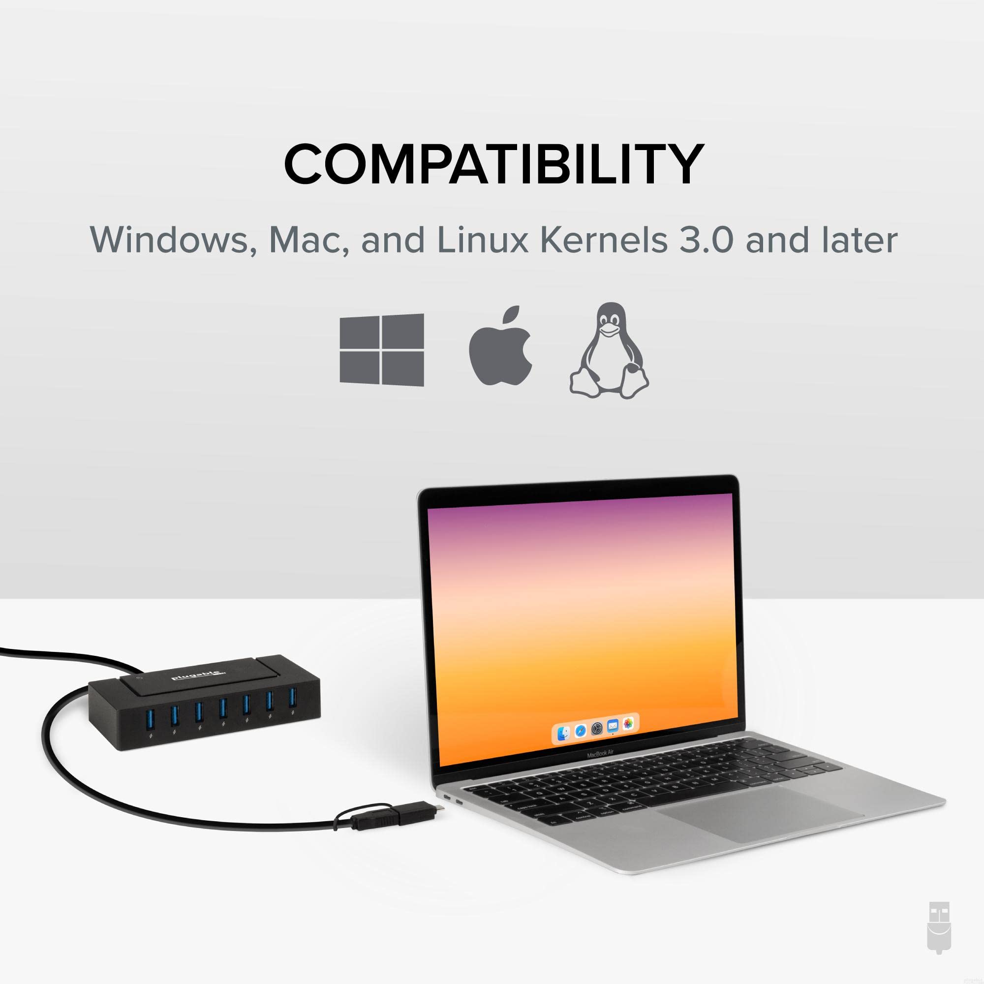 Plugable 7-in-1 USB Hub with 60W Adapter for Laptop & Devices - Fast Data Transfer for Home & Office