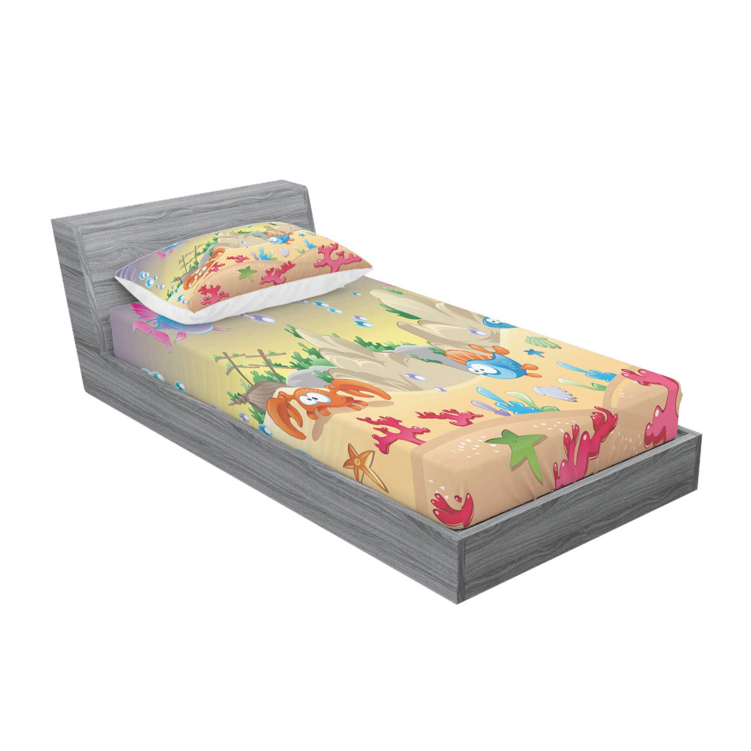 Ambesonne Underwater Themed Fitted Sheet & Pillow Sham Set - Cartoon Sea Animals, Sunken Ship & Coral Reef Print - 2 Piece Twin XL Bedding Set for Kids & Teens - Perfect for Ocean Themed Bedrooms & Nautical Decor