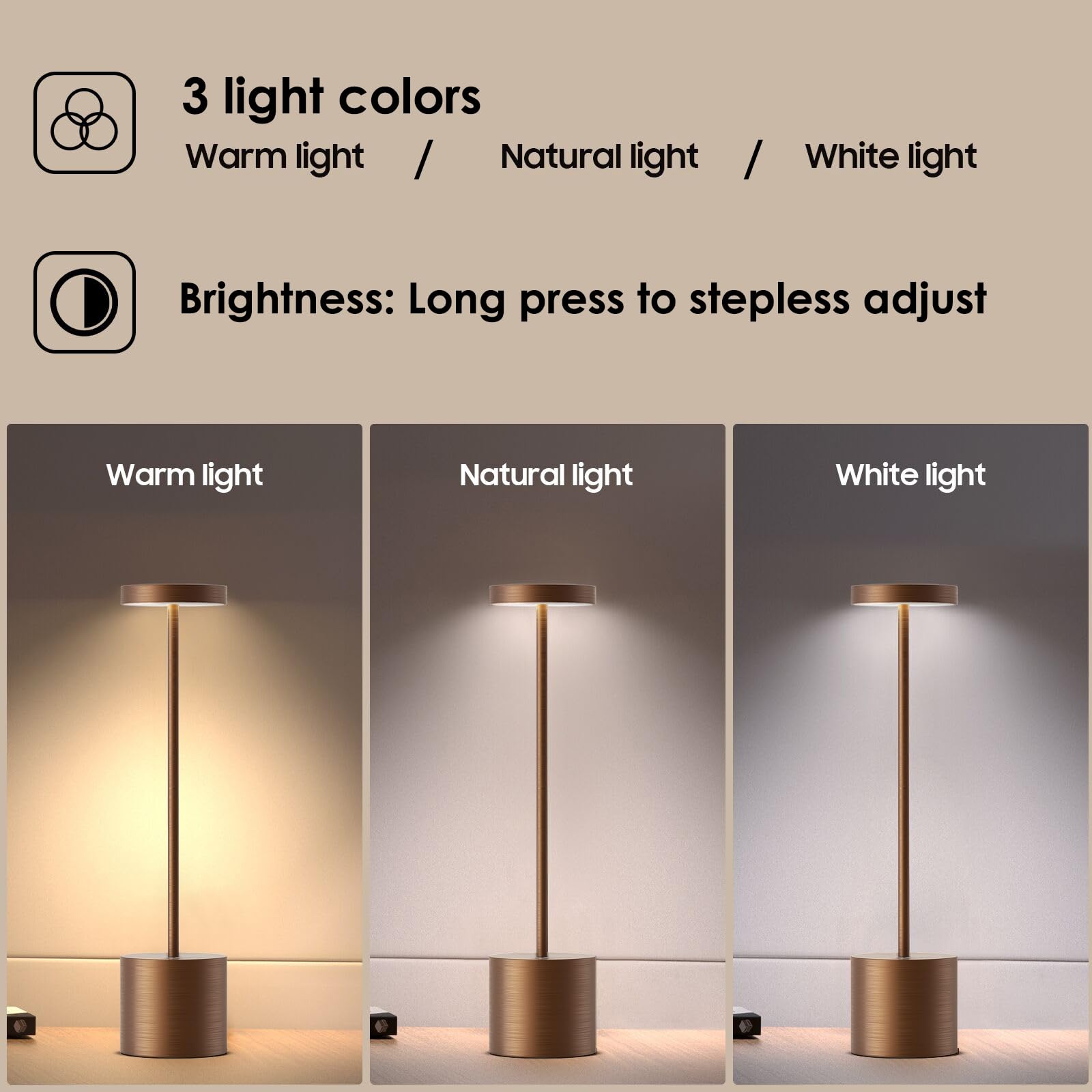 Rechargeable Cordless Table Lamp - 3-Level Stepless Dimming LED Light, 6000mAh Battery, 13.5