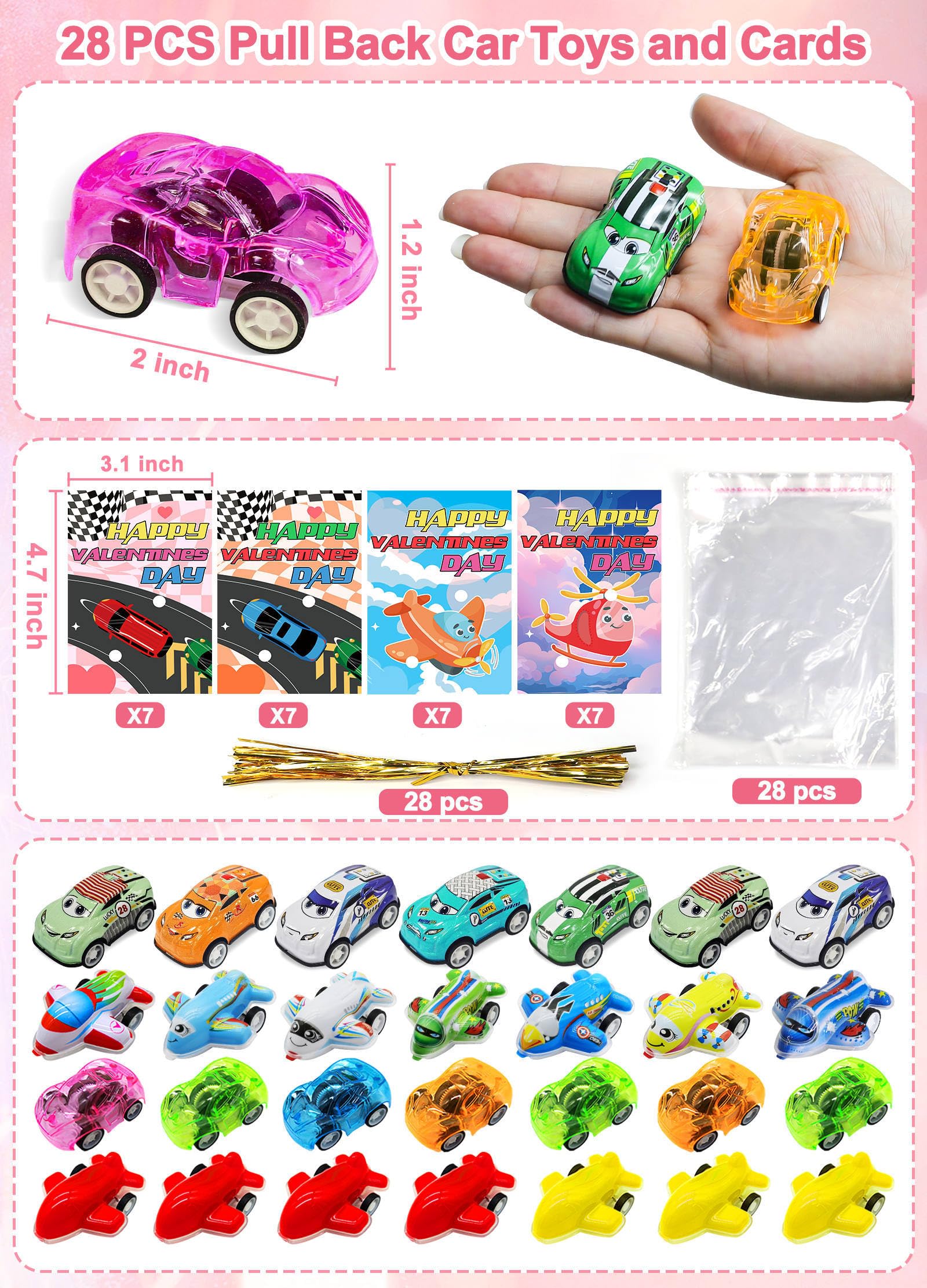 AMENON 28 Pack Valentine's Day Gifts for Kids - Valentine Cards with Pull Back Toy Cars - Classroom Party Favors, School Exchange Gifts & Birthday Goodie Bags