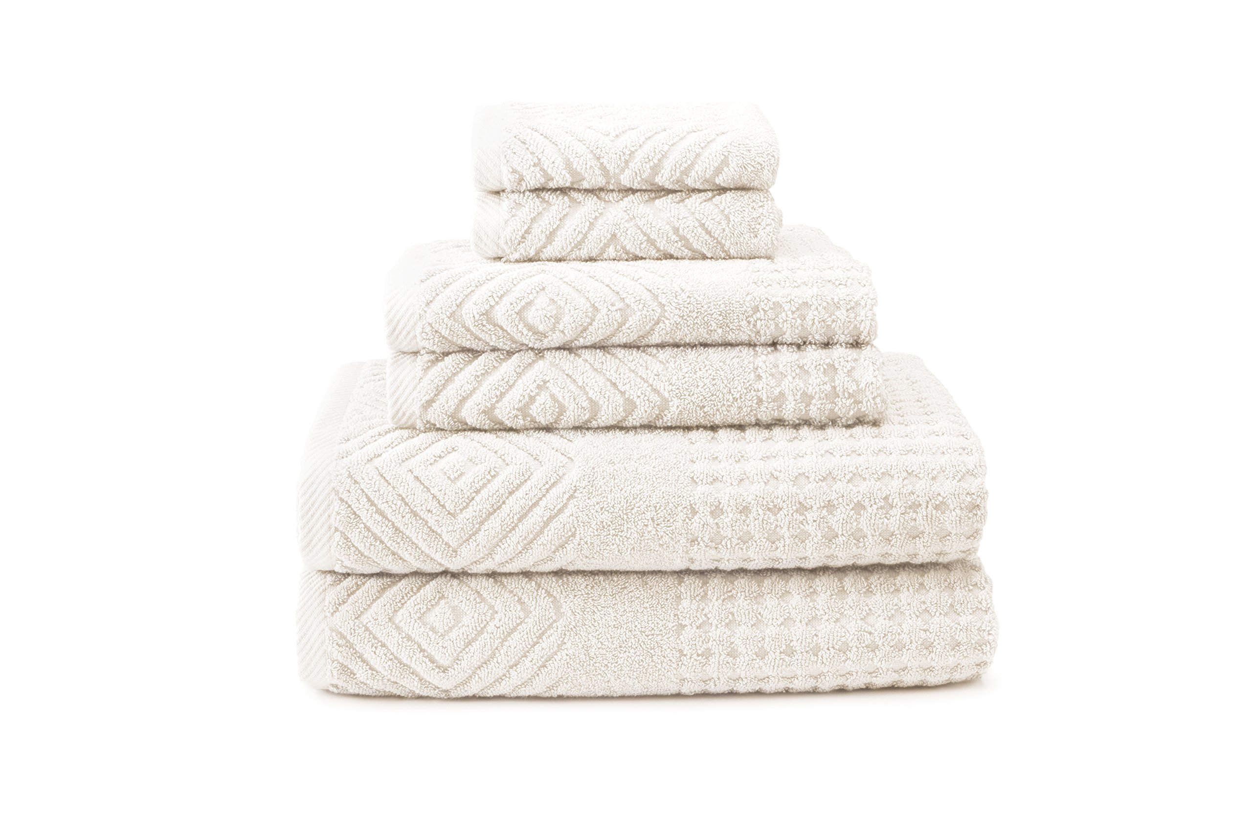 Texere 100% Organic Cotton Diamond Jacquard Luxury Bath Towel Set - Ultra Soft & Absorbent Hotel & Spa Quality Towels - 2 Large Bath Towels, 2 Hand Towels, 2 Washcloths (6-Piece Set, Cream) - Perfect for Bathroom, Spa, Gym & Luxury Home Decor