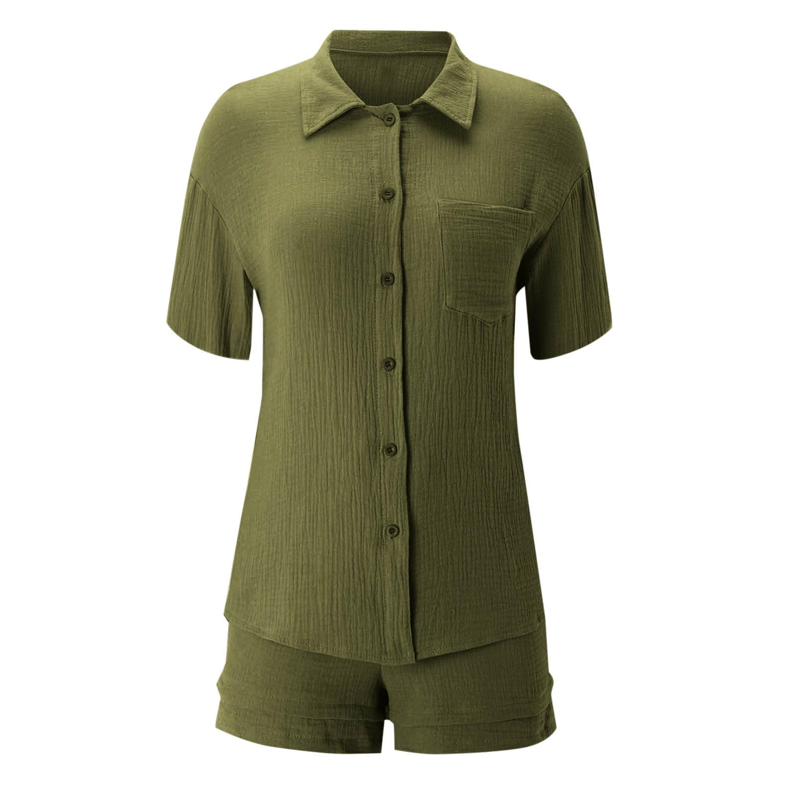 Women's Summer Outfit Set - Casual Short Sleeve Button Down Shirt & High Waist Shorts, Solid Color Lounge Wear for Beach Vacation, Pool Party, and Summer Travel