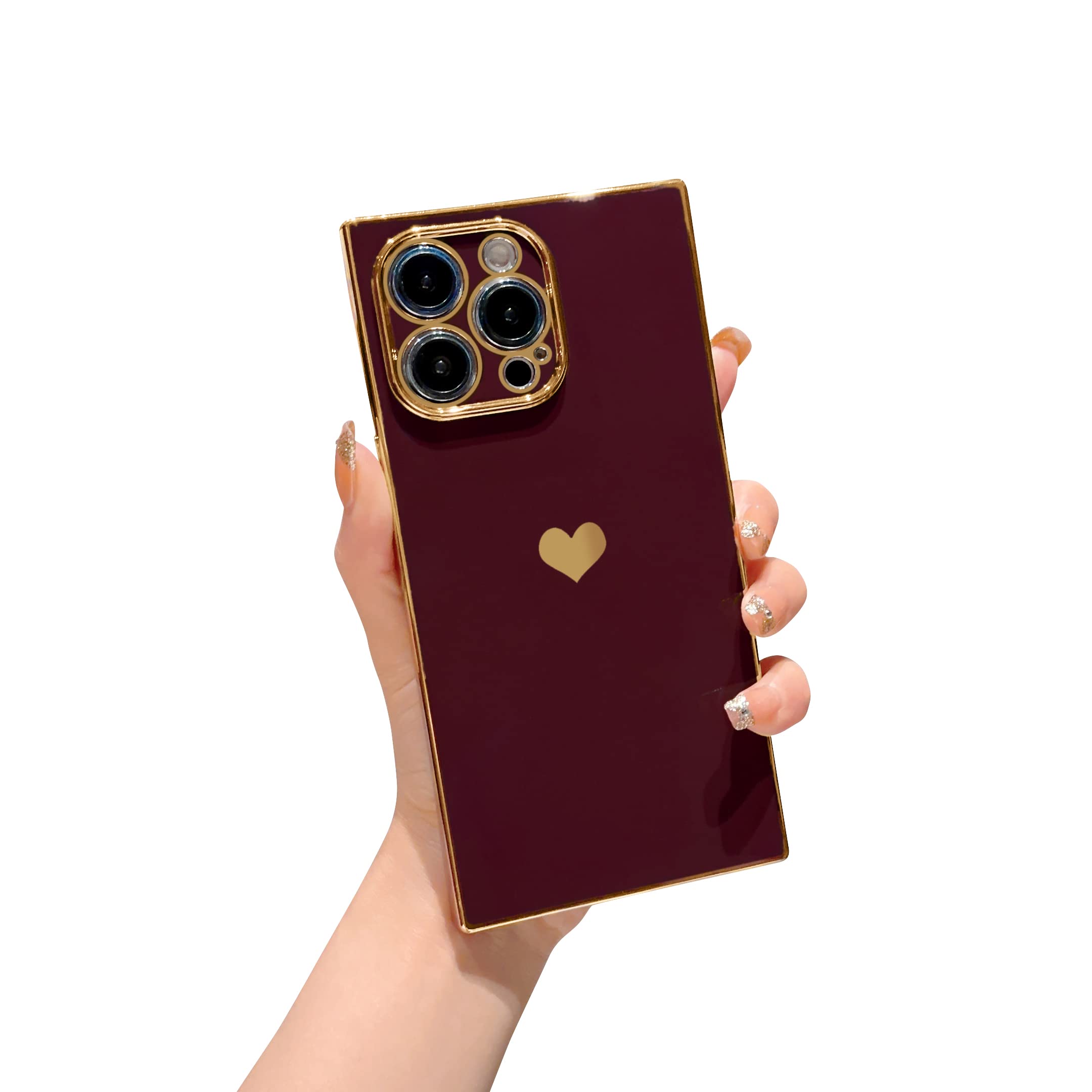 Tzomsze Square Shockproof iPhone 13 Pro Max Case (6.7 Inch) - Cute Wine Red TPU Cover with Full Lens Protection & Reinforced Corners - Perfect for Daily Use, Outdoor Activities & Travel Protection