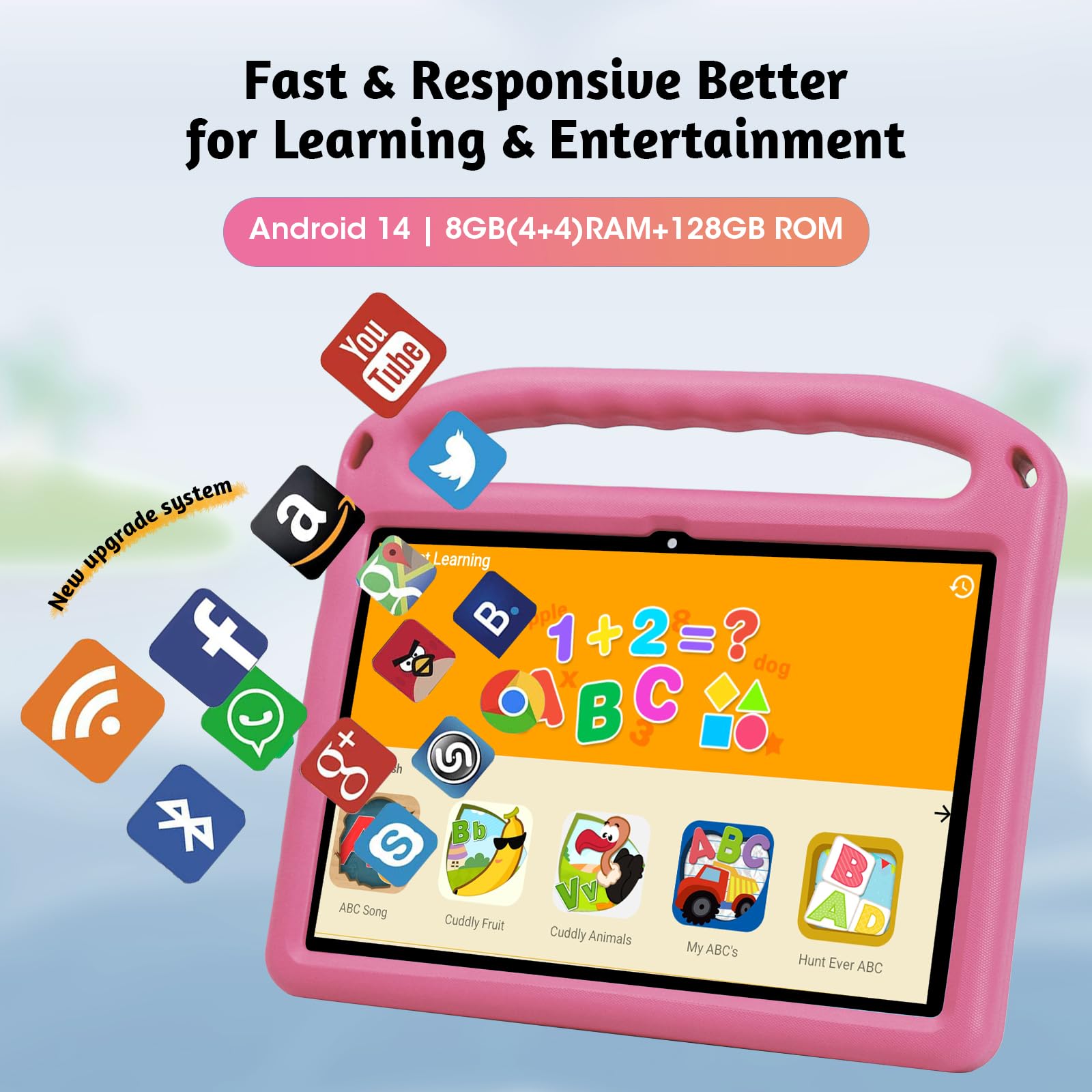 10-Inch Kids Tablet with Android 14 | 8GB RAM 128GB ROM | Parental Controls, Dual Camera & 6000mAh Battery | Includes EVA Case - Perfect for Learning, Games & Travel (Pink)