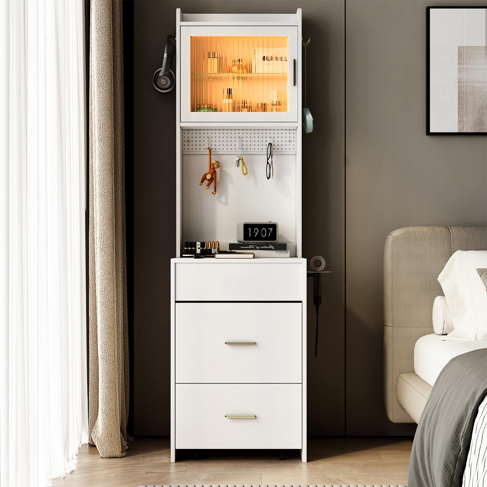 VINGLI 3-in-1 Small Vanity Desk with LED Lighted Mirror, Storage Drawer & Wheeled Stool - Compact Makeup Vanity Set with Adjustable Lighting, DIY Pegboard & Power Outlet for Bedroom, Dorm, Home Beauty Station (White) | Perfect for Daily Makeup Routine & Skincare Organization