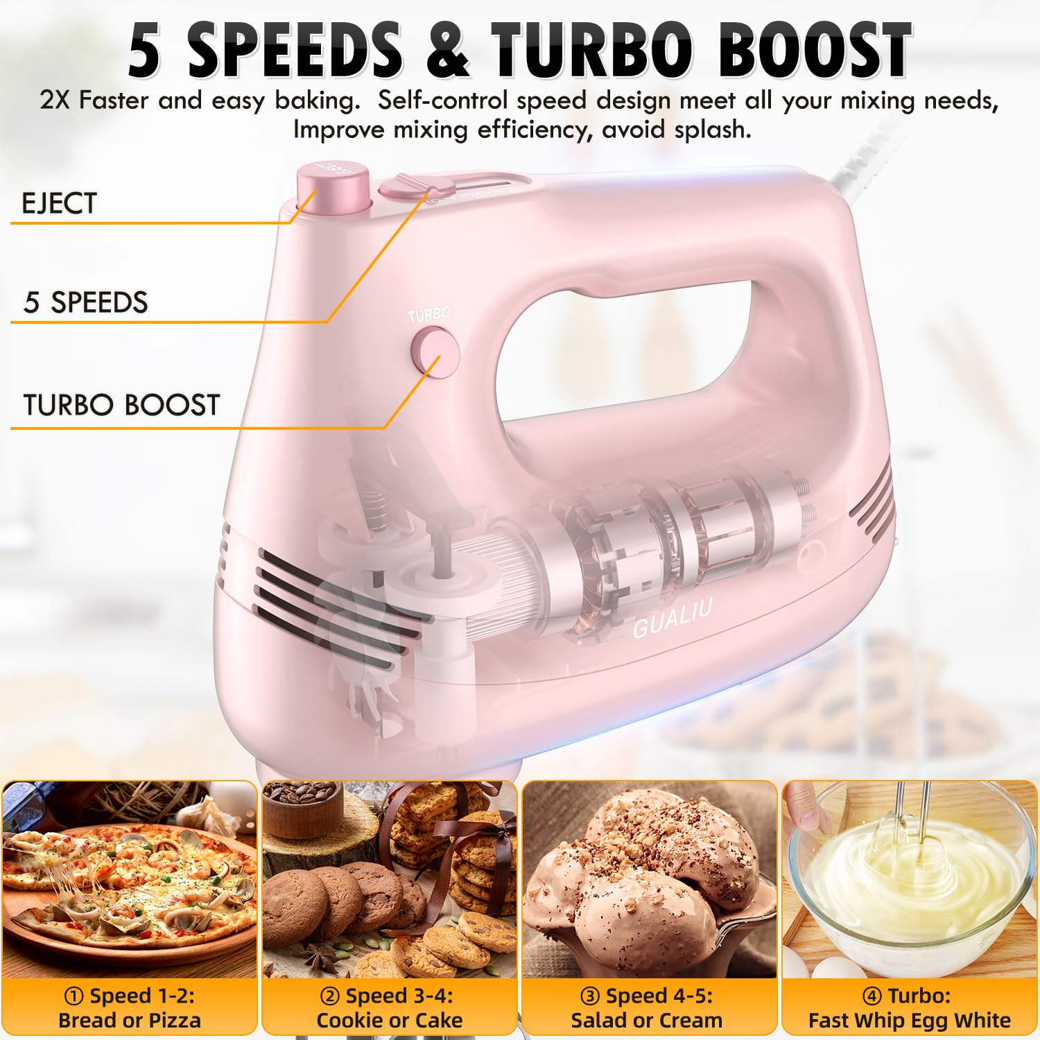 **5-Speed Electric Hand Mixer with Stainless Steel Whisk & Dough Hook - Turbo Boost Kitchen Blender for Baking Cakes, Eggs, Cream - Includes Storage Bag (Pink) - Perfect for Home Baking, Whipping, and Mixing**