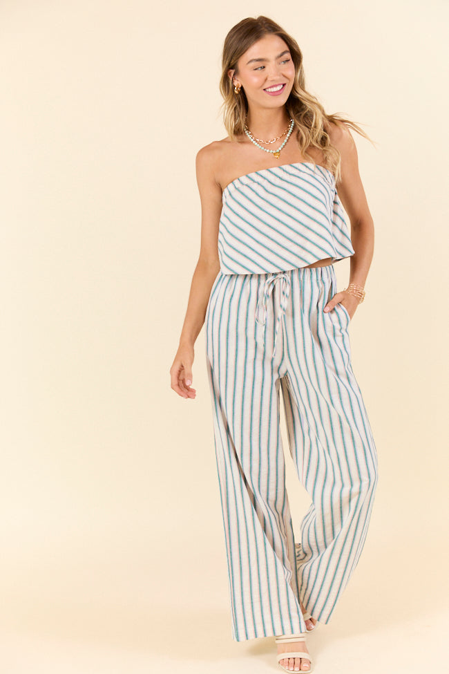 Women's Summer Stripes Strapless Crop Top and High Waist Pants Set - Casual Outfit for Beach Vacation, Pool Party & Date Night