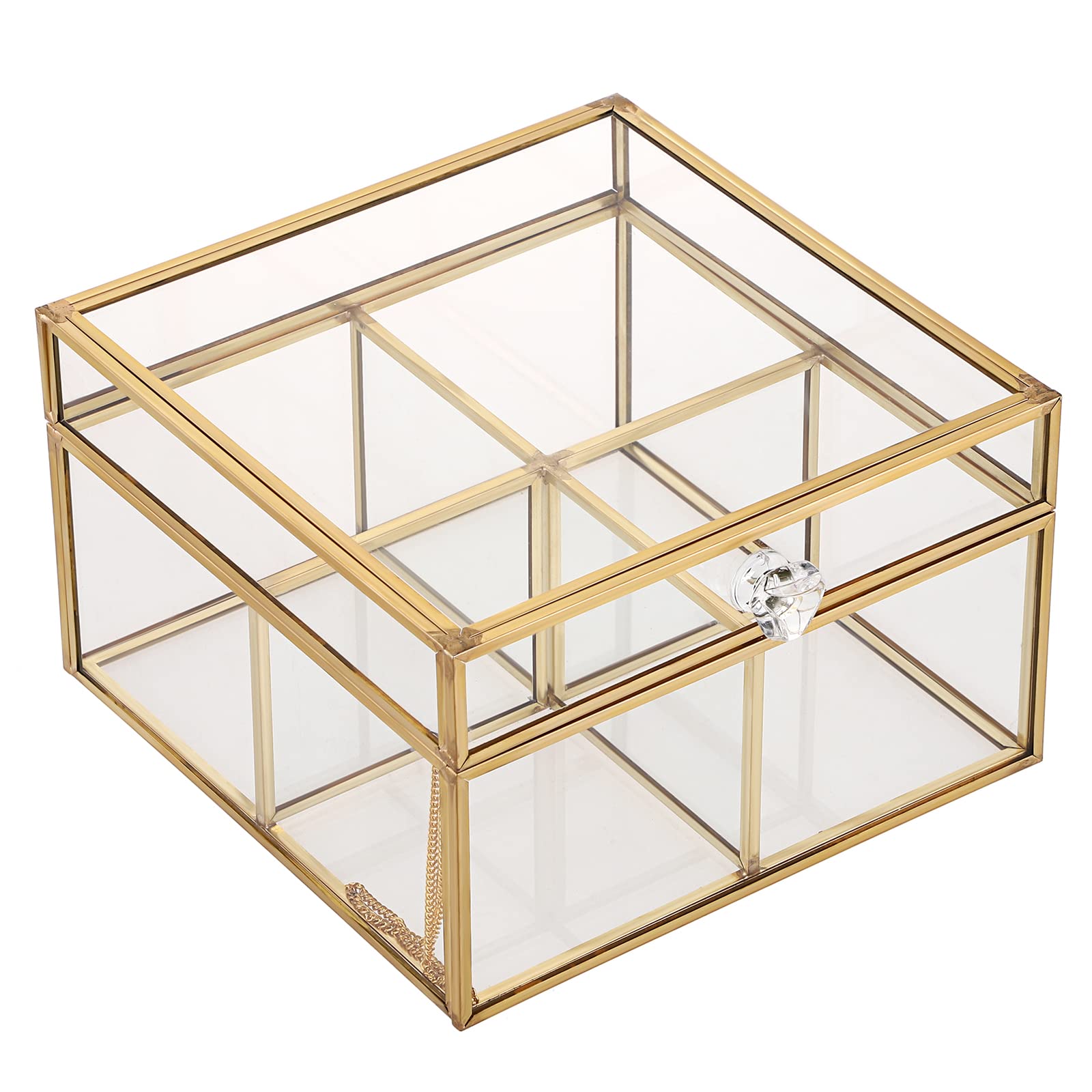 ELLDOO Gold Glass Tea Bags Storage Box with Lid - 4 Compartment Jewelry Organizer for Makeup Sponges, Sugar Packets, Rings & Earrings - Elegant Countertop Display for Bathroom Vanity or Dressing Table