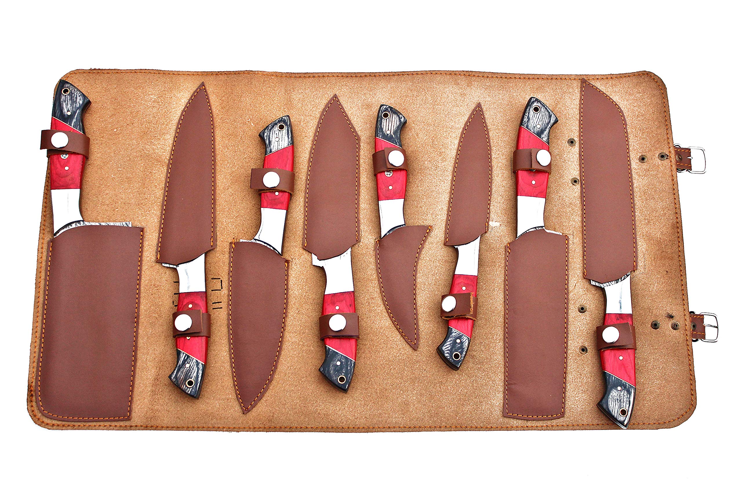 Premium Damascus Steel Kitchen Knife Set 8-Piece FBK-1027 - Handcrafted Chef Knives with Red & Black Wood Handle - Perfect for Home Cooking, Professional Chefs & Gift Giving