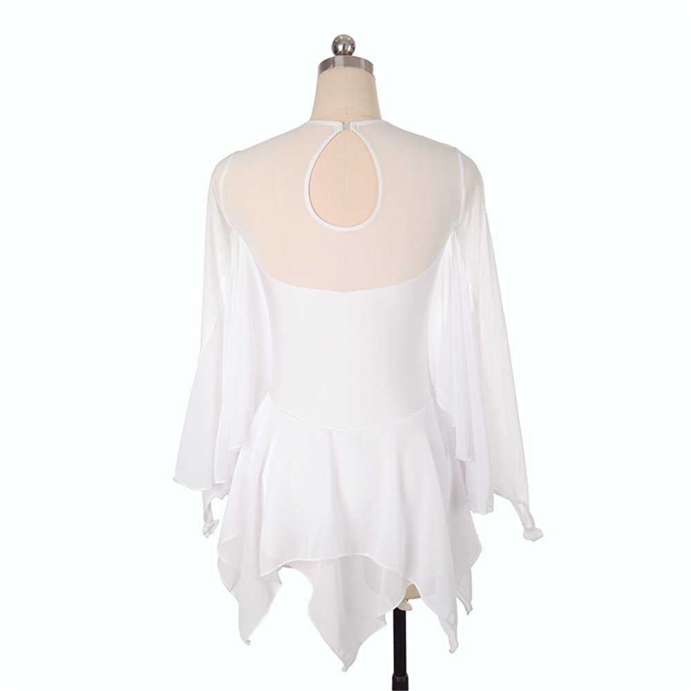 Elegant White Beaded Ice Skating Dress for Girls & Women - Long Sleeve Figure Skating Costume with Wing Design | Perfect for Competitions, Performances & Ice Shows