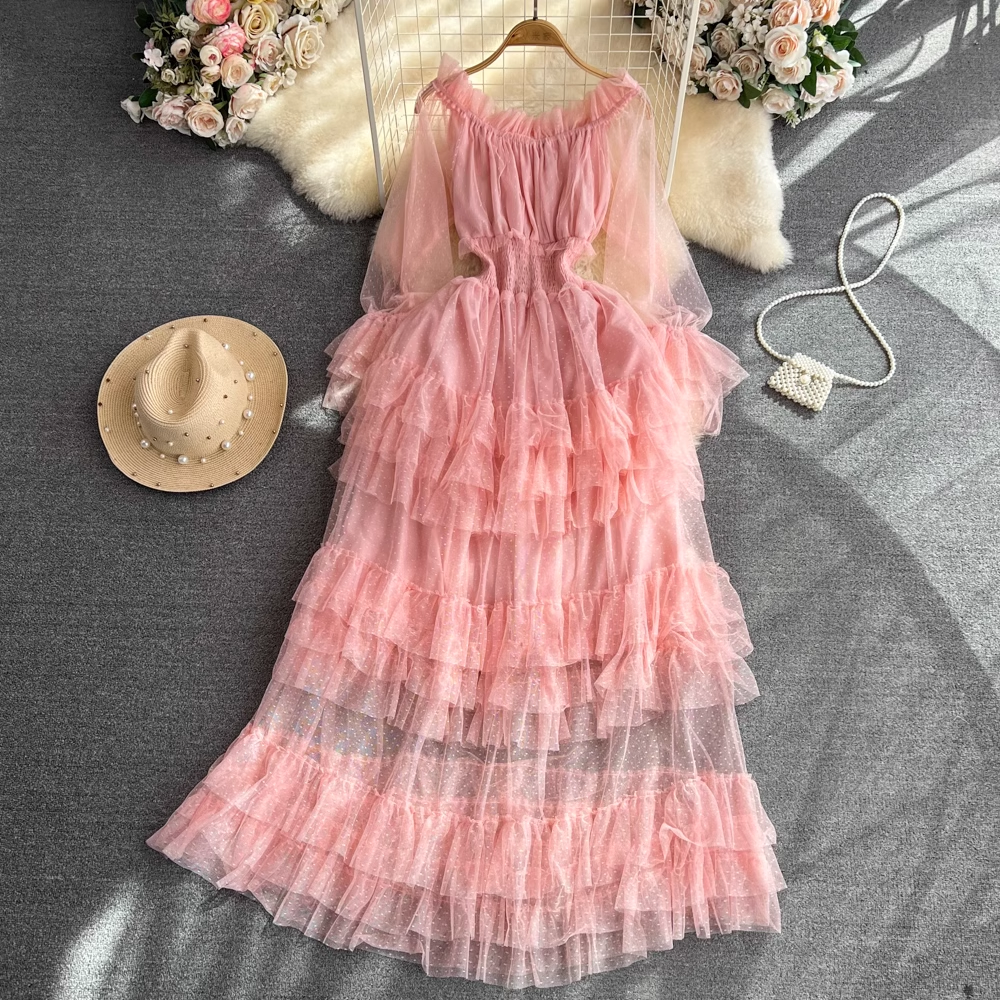 Elegant Off The Shoulder A-Line Ruffled Layered Mesh Dress for Women - Perfect for Cocktail Parties, Weddings & Date Nights | Style 1464