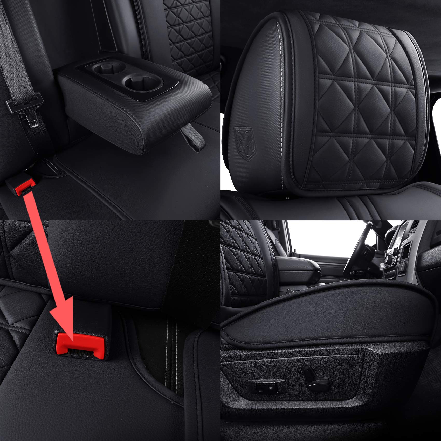 YIERTAI Dodge RAM Seat Covers for 2009-2025 1500HD 2010-2025 2500/3500HD Truck - Full Set Crew/Double/Quad Cab Waterproof Faux Leather Seat Protectors (5-Piece Set, Black) - Perfect for Road Trips, Off-Roading & Daily Commute Protection