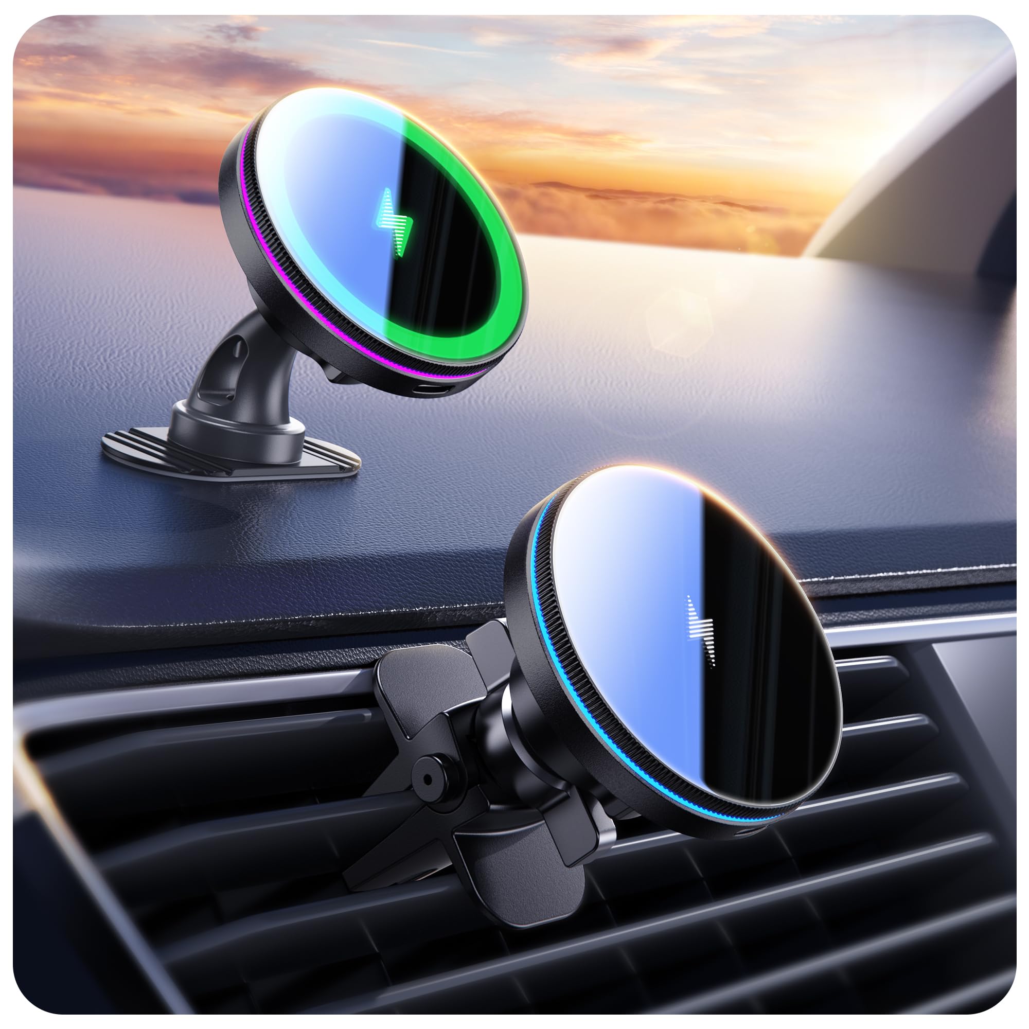 Beser MagSafe Car Mount Charger - 15W Qi Wireless Charging, Strong 4.13 lbf Magnet for iPhone 15/14/13/12 Series - Vent/Dashboard Phone Holder with 7 Color LED Lights & Aluminum Design (Black) - Perfect for Commuting, Road Trips & Hands-Free Driving