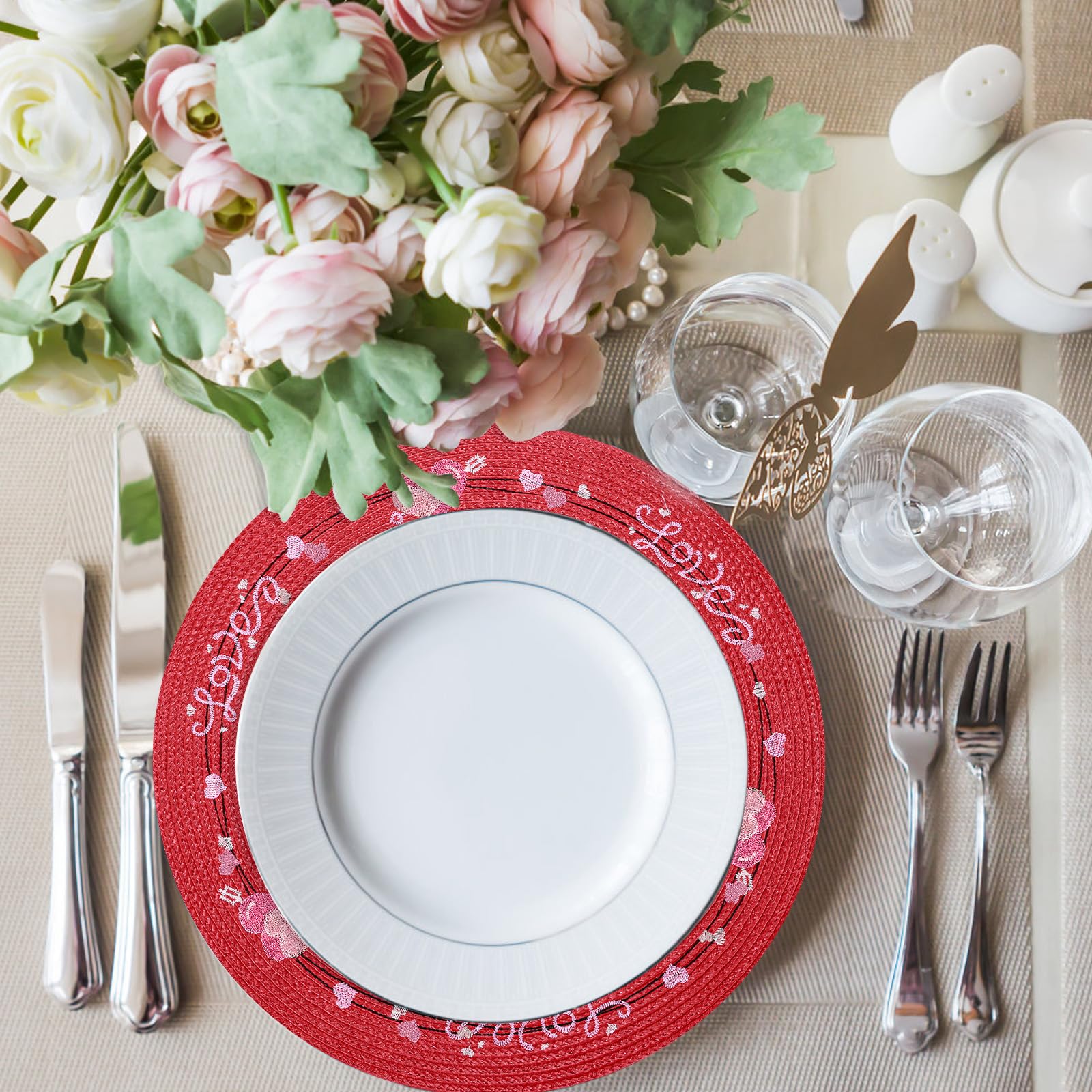 6-Piece Heart-Shaped Placemats Set - Red Round Table Decor for Weddings, Mother's Day & Farmhouse Dining | Indoor Kitchen Decorations for Parties & Everyday Use