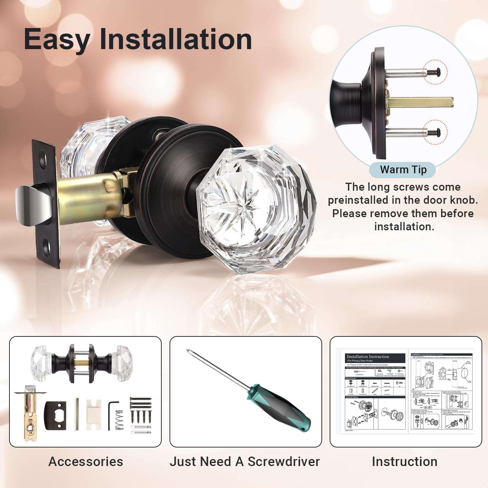 KNOBWELL 6-Pack Classic Tulip Crystal Door Knobs - Oil Rubbed Bronze Passage Function for Hallway & Closet - Athena Collection - Elegant Home & Office Hardware Upgrade
