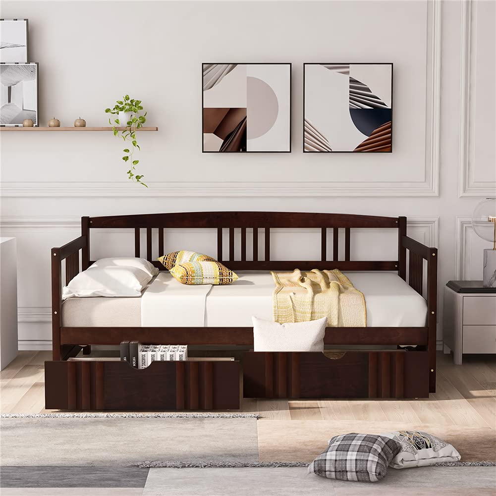 **Kids Daybed Sofa Bed with Pull-Out Storage Drawers & Wheels - Twin Size Pinewood Frame with Guardrails & Wood Slats (Espresso) - Perfect for Small Spaces, Guest Rooms & Kids' Bedrooms**