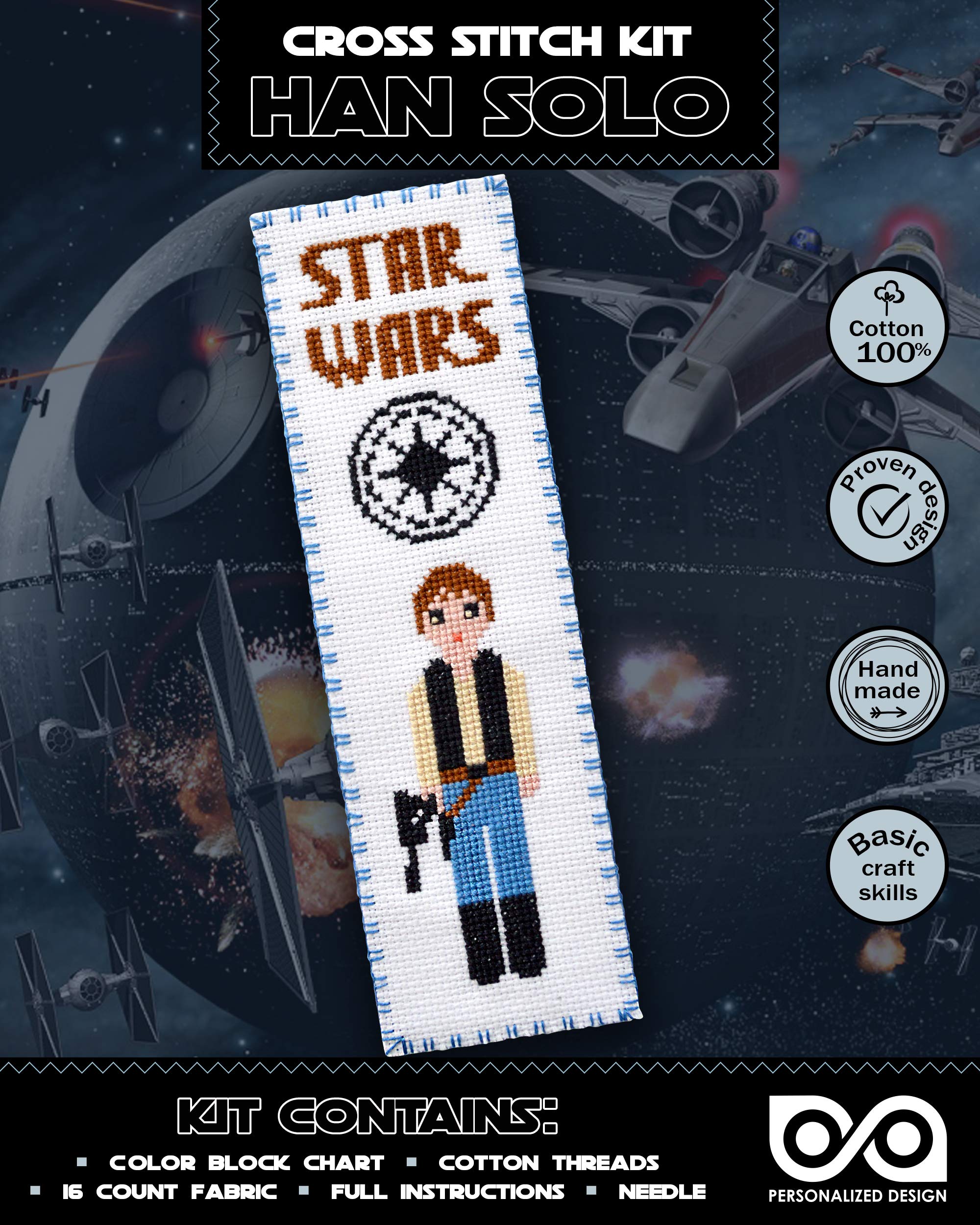 Star Wars Han Solo DIY Cross-Stitch Embroidery Kit - Personalized Needlework Bookmark for Adults & Kids | Perfect Gift for Fans, Home Decor, Reading Accessory