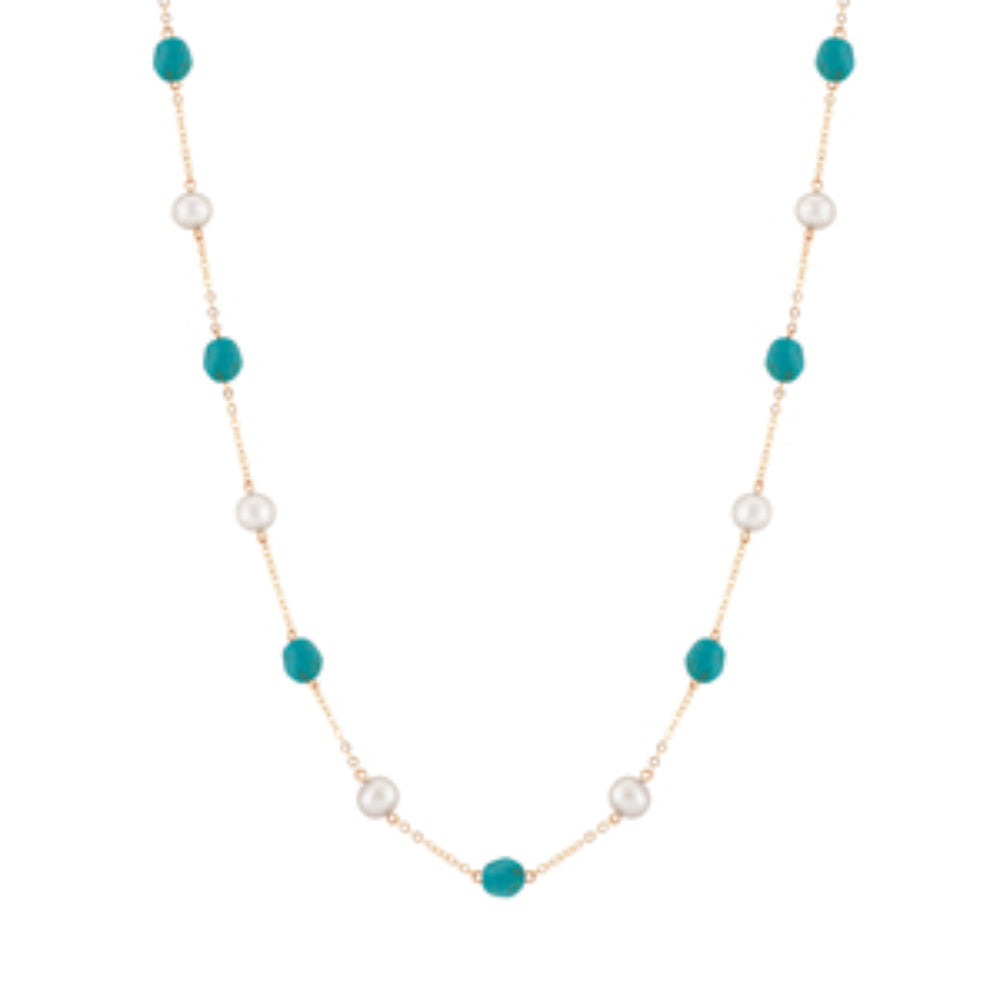 14K Gold Freshwater Pearl and Turquoise Necklace for Women - Elegant Bohemian Jewelry Gift for Birthday, Anniversary & Special Occasions