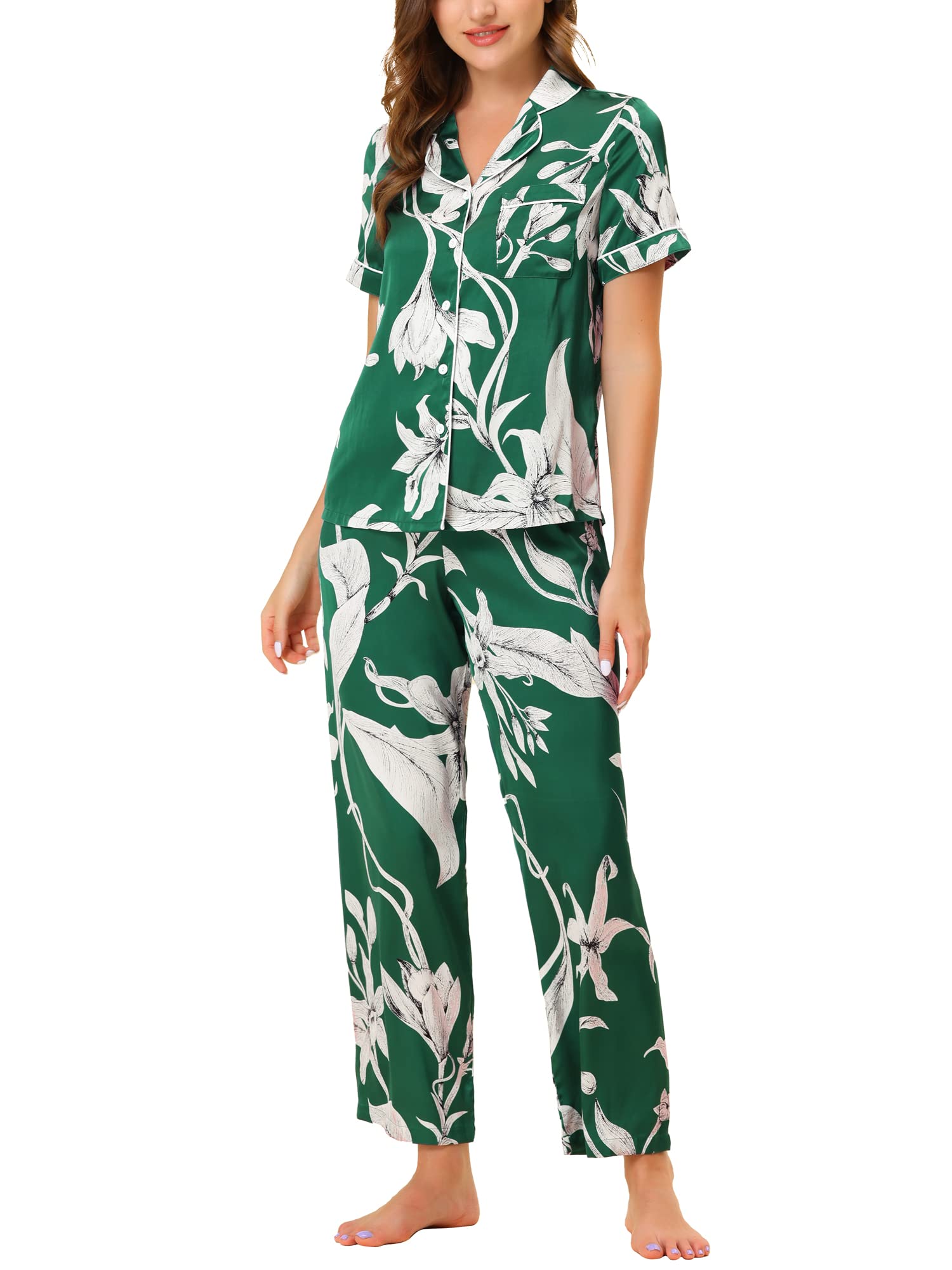 Cheibear Women's Satin Floral Pajama Set - Short Sleeve Button Down Top & Lounge Pants - Soft Sleepwear for Women - Perfect for Bedtime, Relaxing at Home & Gift Giving