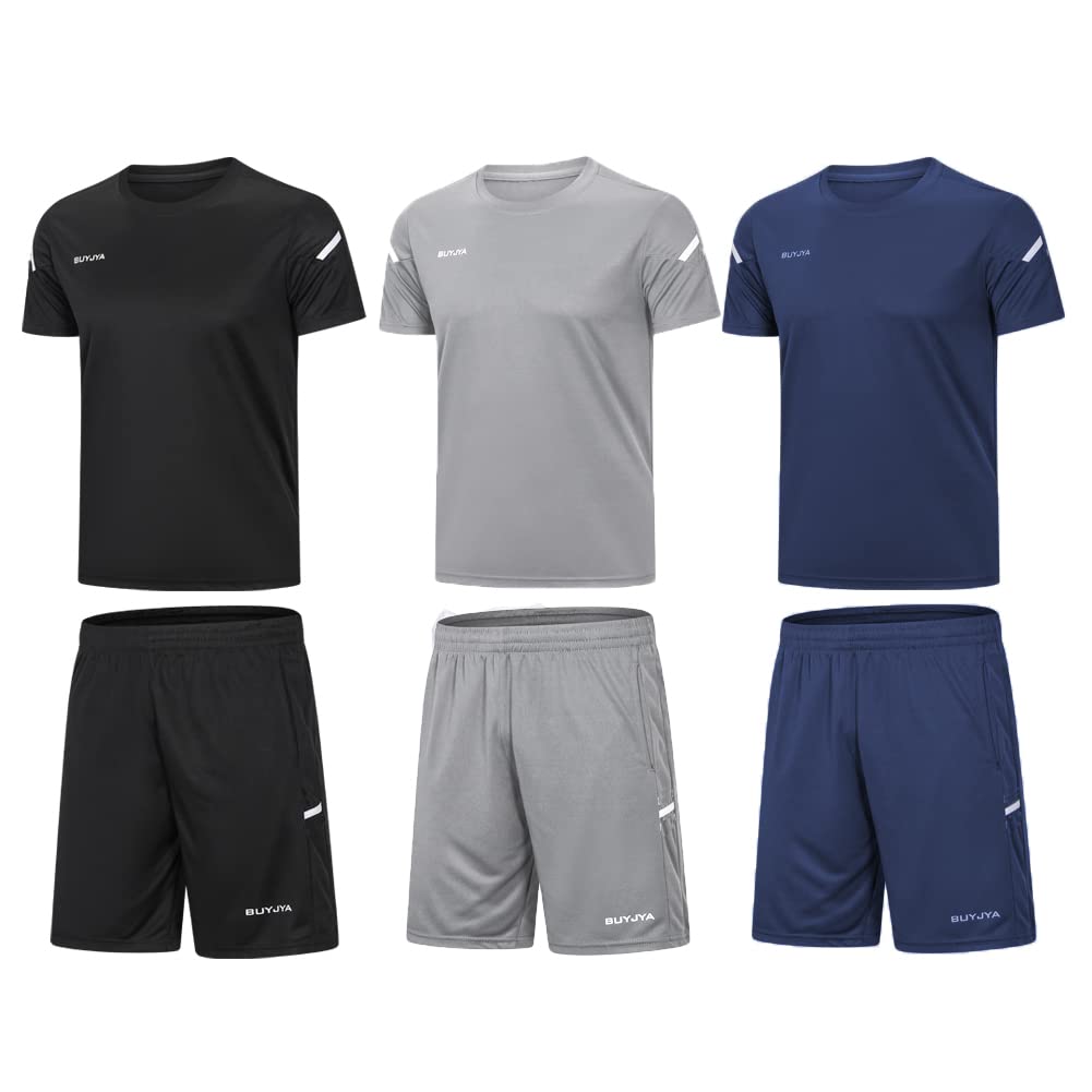 BUYJYA Men's Workout Clothes - 3 Pack Athletic Shorts & Shirt Set for Basketball, Football, Running, Gym & Training | Moisture-Wicking & Breathable Activewear for Sports & Fitness