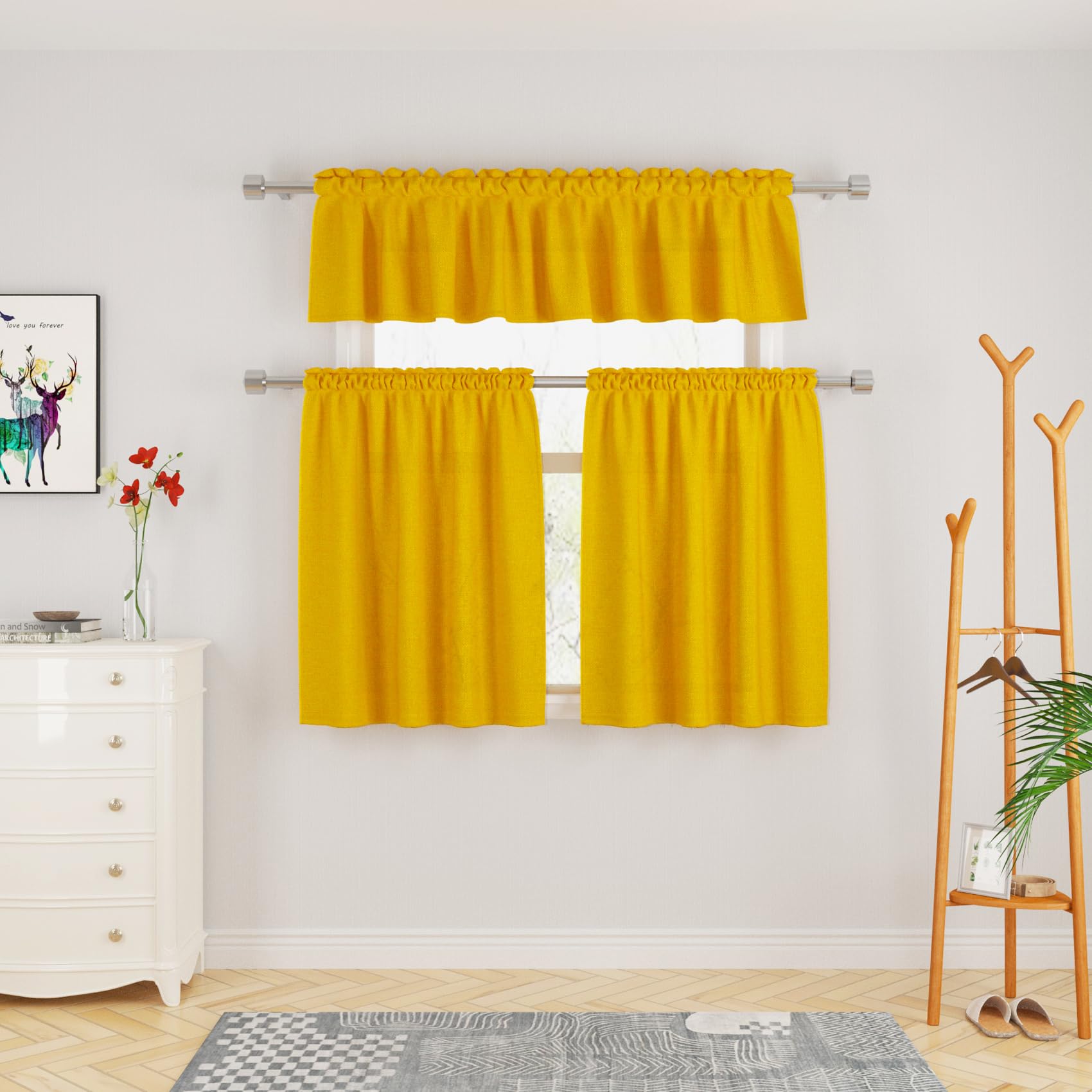 UPOPO Yellow Tier Kitchen Curtains - 24 Inch Linen Textured Cafe Curtains for Sink Privacy, Small Windows, Caravan & Bathroom (2 Panels, Rod Pocket) - Perfect for Kitchen, RV, Basement & Cozy Spaces