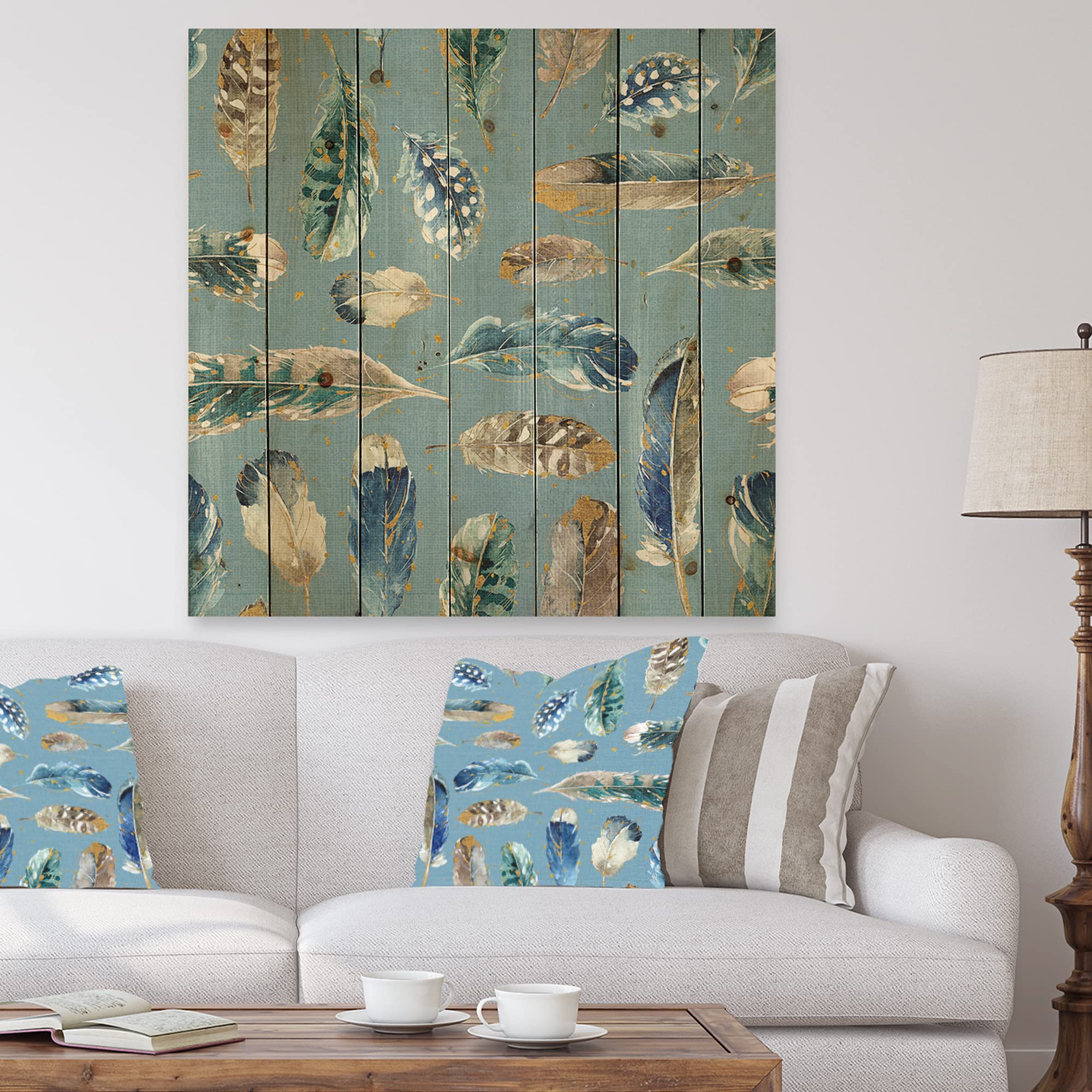 DesignQ Indigold Feathers Turquoise Pattern Traditional Wood Wall Decor - Handcrafted Blue Wood Wall Art with Large Animal Prints on Natural Pine Wood - Perfect for Bohemian Home Decor, Living Room Accent Wall & Bedroom Wall Art