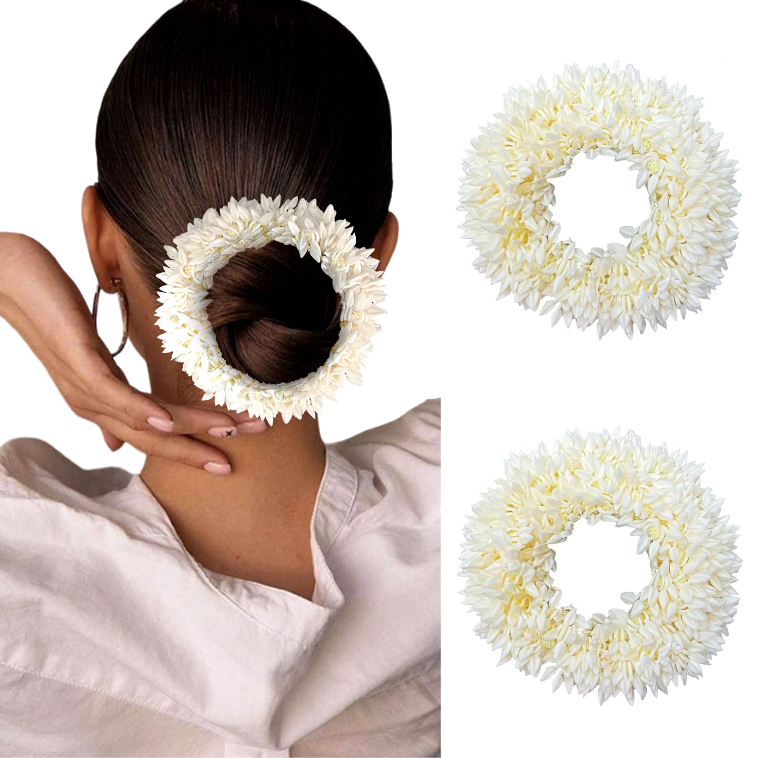 Premium Scented Mogra Gajra Hair Accessories Pack of 2 - Voluminous Artificial Flower Bun & Scrunchies for Women & Girls - Perfect for Weddings, Parties & Traditional Outfits - White (2709)