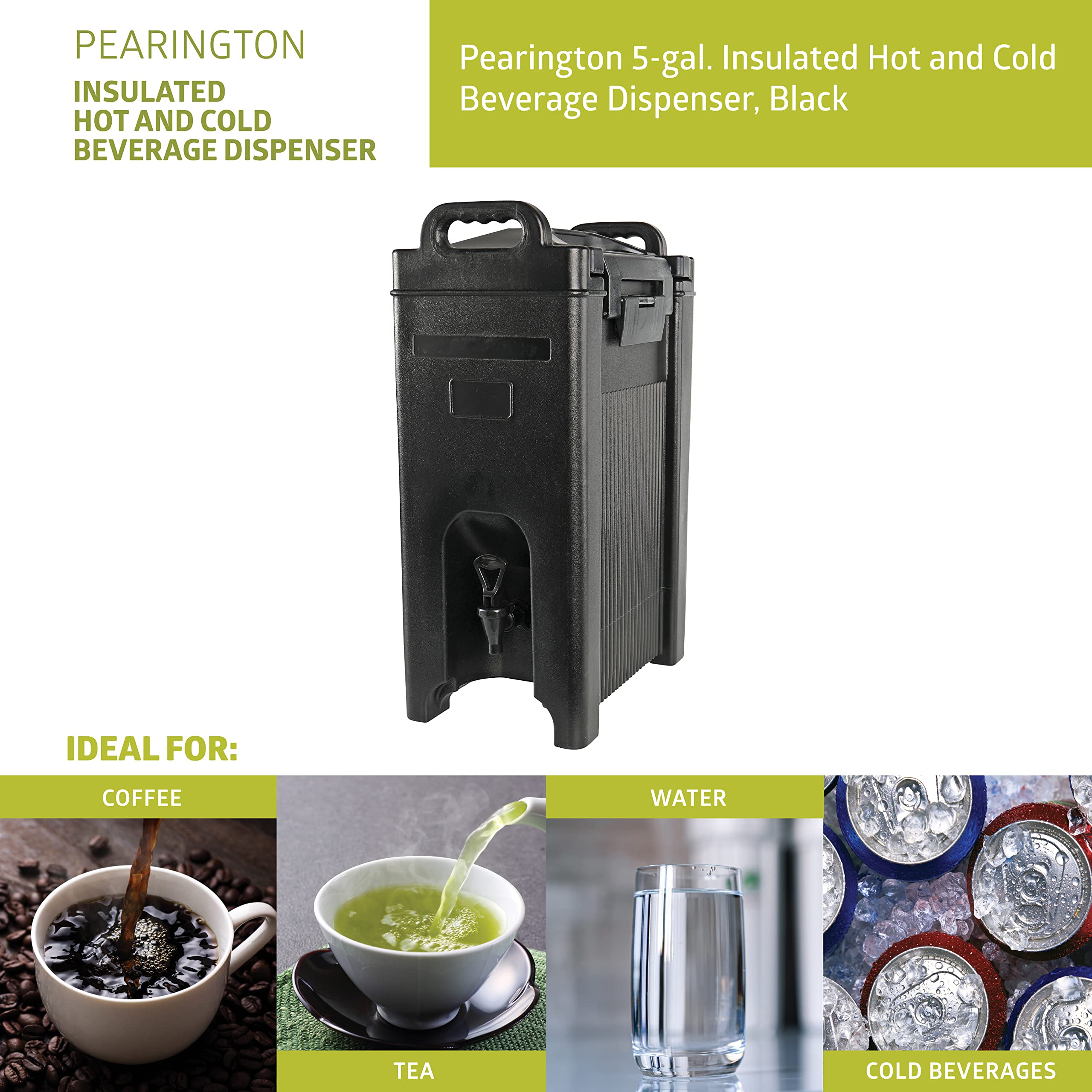 Pearington 5-Gallon Insulated Beverage Dispenser - Hot & Cold Drink Server for Parties, Events & Catering - Black (1 Pack) - Perfect for Coffee, Tea, Lemonade & Iced Water at Weddings, BBQs & Office Gatherings