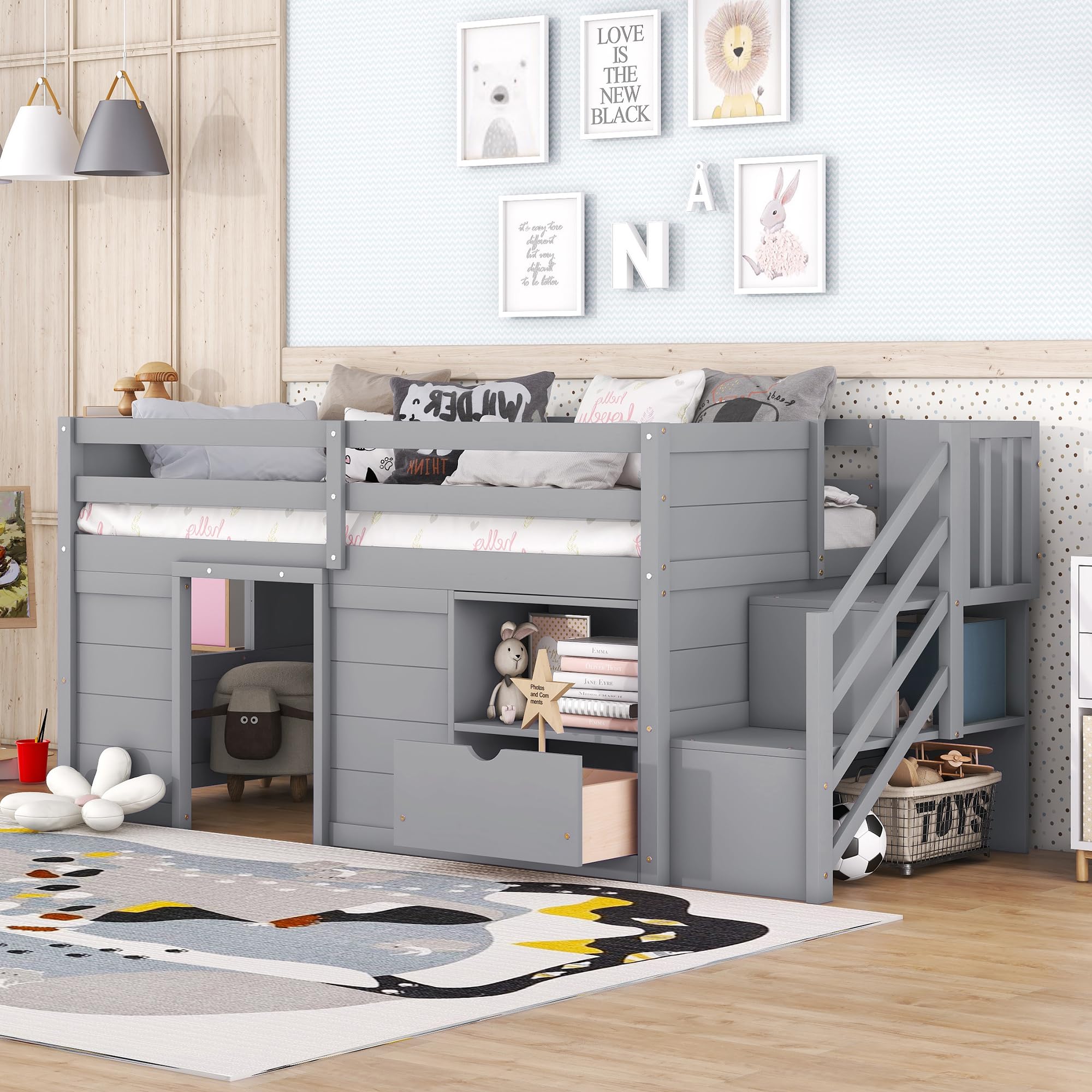 Bellemave Twin Size Low Loft Bed for Kids - Wooden Loft Beds with Storage, Modern Farmhouse Style, No Box Spring Needed - Perfect for Small Bedrooms, Dorm Rooms & Kids' Rooms (Gray)