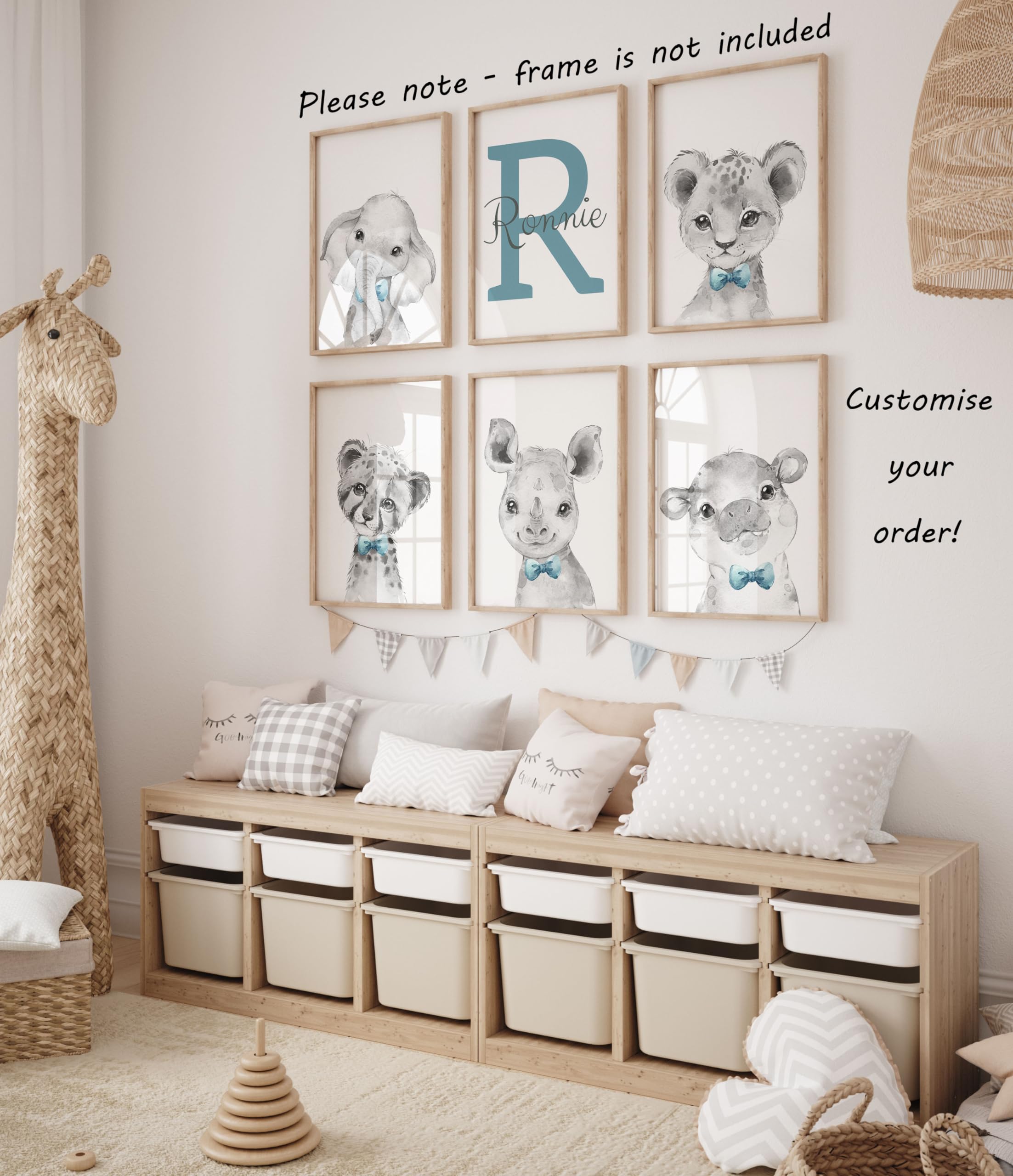 Personalized Safari Animal Nursery Wall Art - Set of 6 Unframed Posters (12x16) with Custom Name for Baby Boys Room Decor - Elephant, Giraffe, Lion, Zebra in Blue, Green & Yellow Bow Ties - Perfect Baby Shower Gift & Jungle-Themed Bedroom Decoration