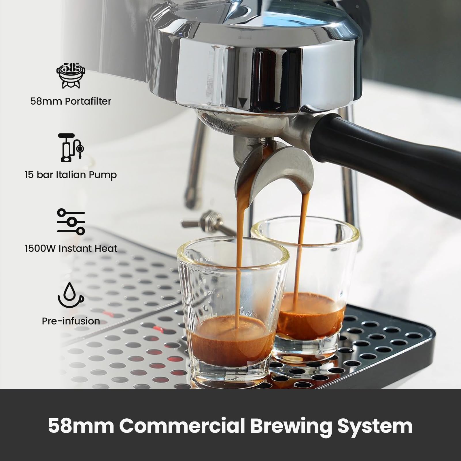 Professional 15 Bar Semi-Automatic Owl Espresso Machine with Milk Frother - 57oz Removable Water Tank & Dual Display - Perfect for Cappuccino, Latte & Espresso at Home or Office - Stainless Steel G3006 Model