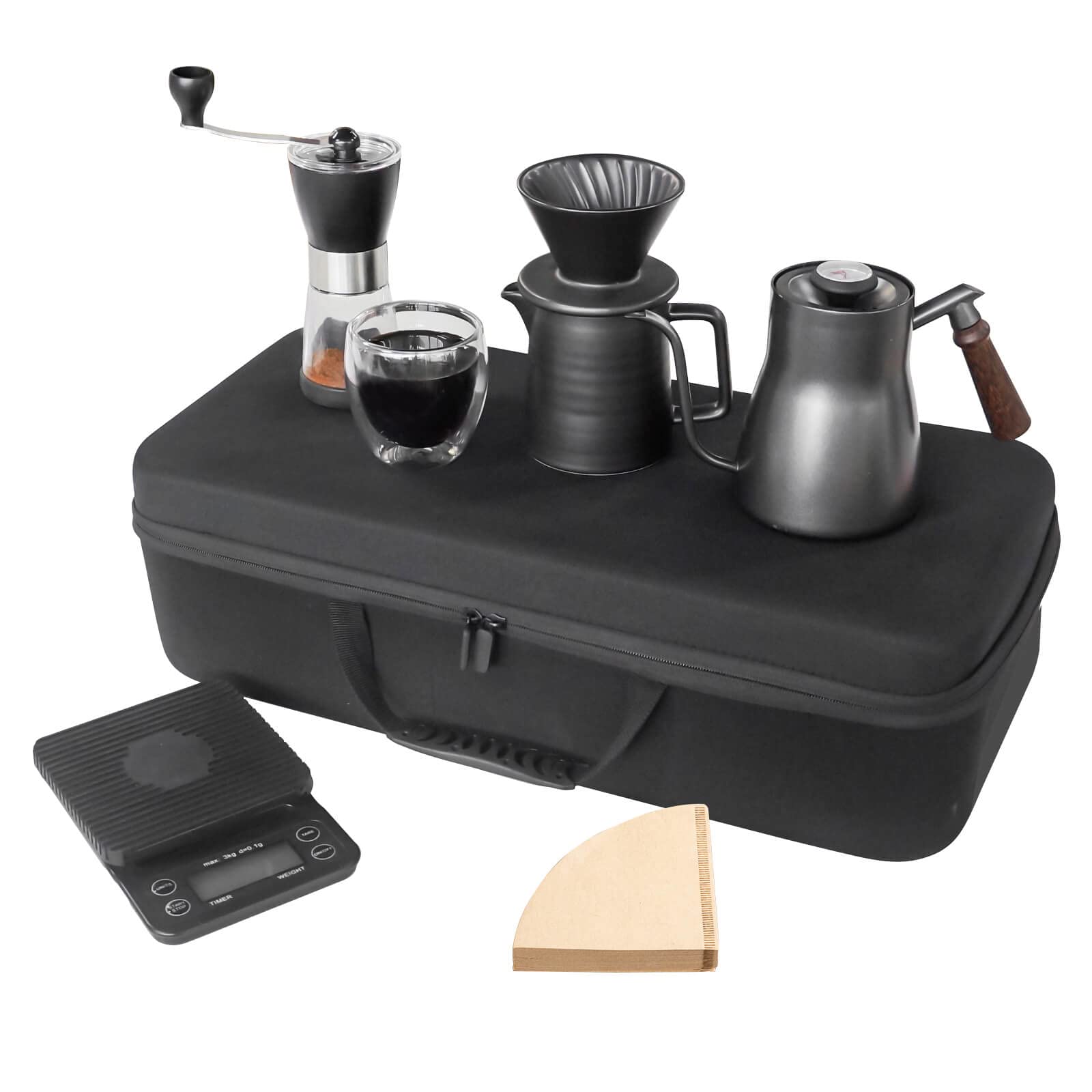 Premium SOTECH Pour Over Coffee Maker Set - All-in-One 304 Stainless Steel Kettle with Thermometer, Coffee Grinder, Dripper & Server - Portable Travel Coffee Kit for Camping, Hiking, Office & Home Brewing