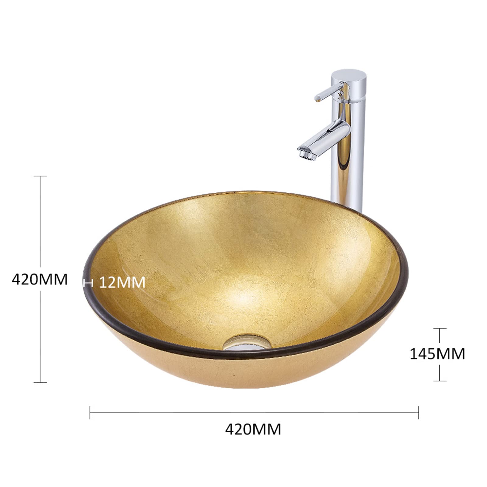 Golden Tempered Glass Vessel Sink - Round Bathroom Countertop Basin with Brass/Chrome Faucet Combo & Pop-Up Drain - Modern Vanity Sink for Luxury Bathrooms, Powder Rooms & Spa Retreats