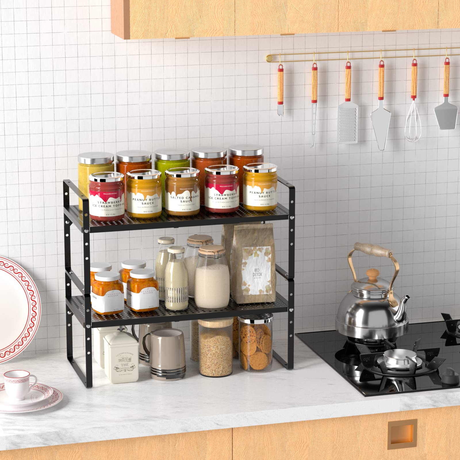 Expandable Kitchen Cabinet Shelf Organizer - Stackable Metal Pantry Storage Shelves - Adjustable Counter Shelf Organizer Rack for Kitchen Cabinets, Cupboard, Countertop & Closet (Black) - Perfect for Small Space Organization & Kitchen Storage Solutions