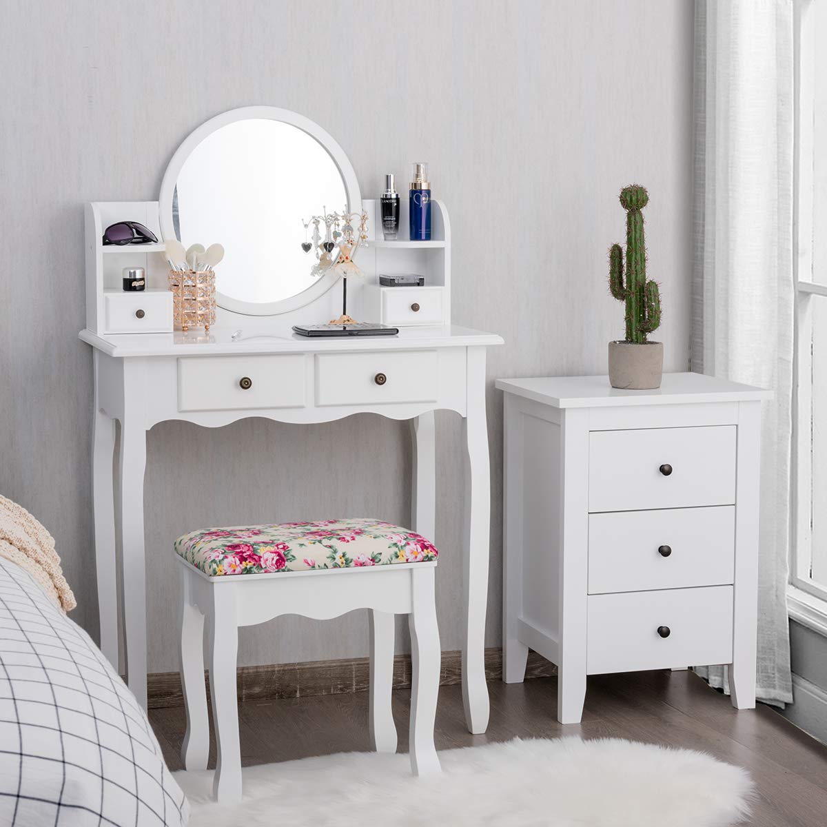 Charmaid Vanity Set with 4 Storage Shelves & 4 Drawers, Makeup Dressing Table with 360° Swivel Mirror, Cosmetic Organizers & Cushioned Stool - White Vanity Desk for Women & Girls | Perfect for Bedroom, Bathroom & Dressing Room Organization