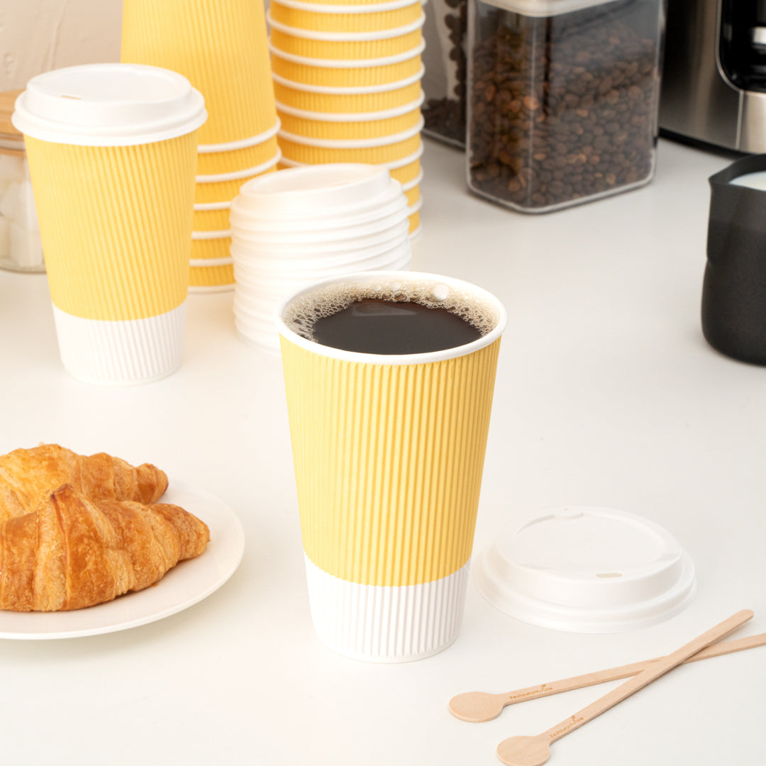 16 oz Light Yellow Ripple Wall Paper Coffee Cups with White Lids - 20 Count Bulk Pack (3.5