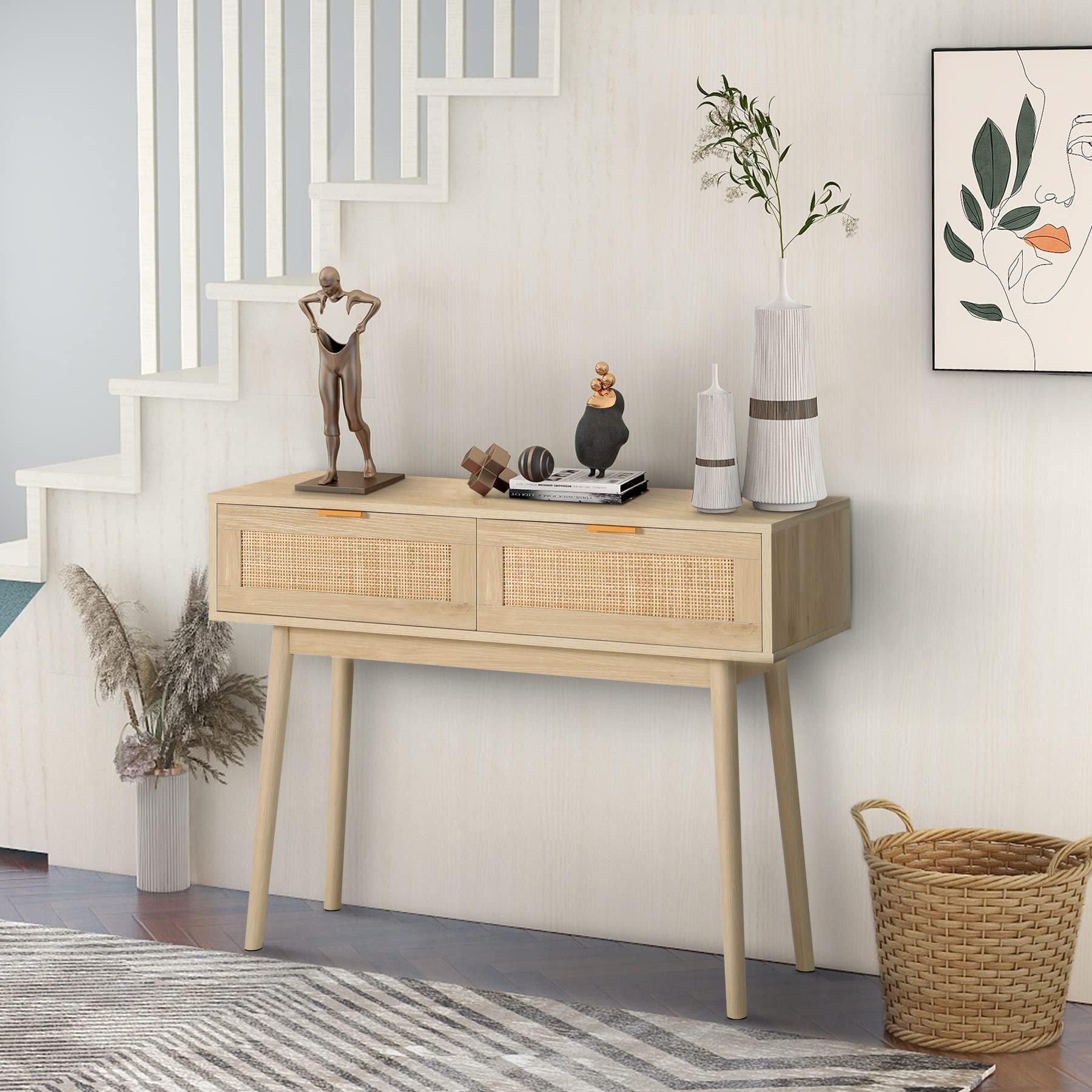 Rattan Console Table with 2 Drawers - Narrow Entryway Sofa Table with Storage for Hallway, Living Room & Bedroom - Natural Wood Accent Furniture for Behind Couch & Small Spaces