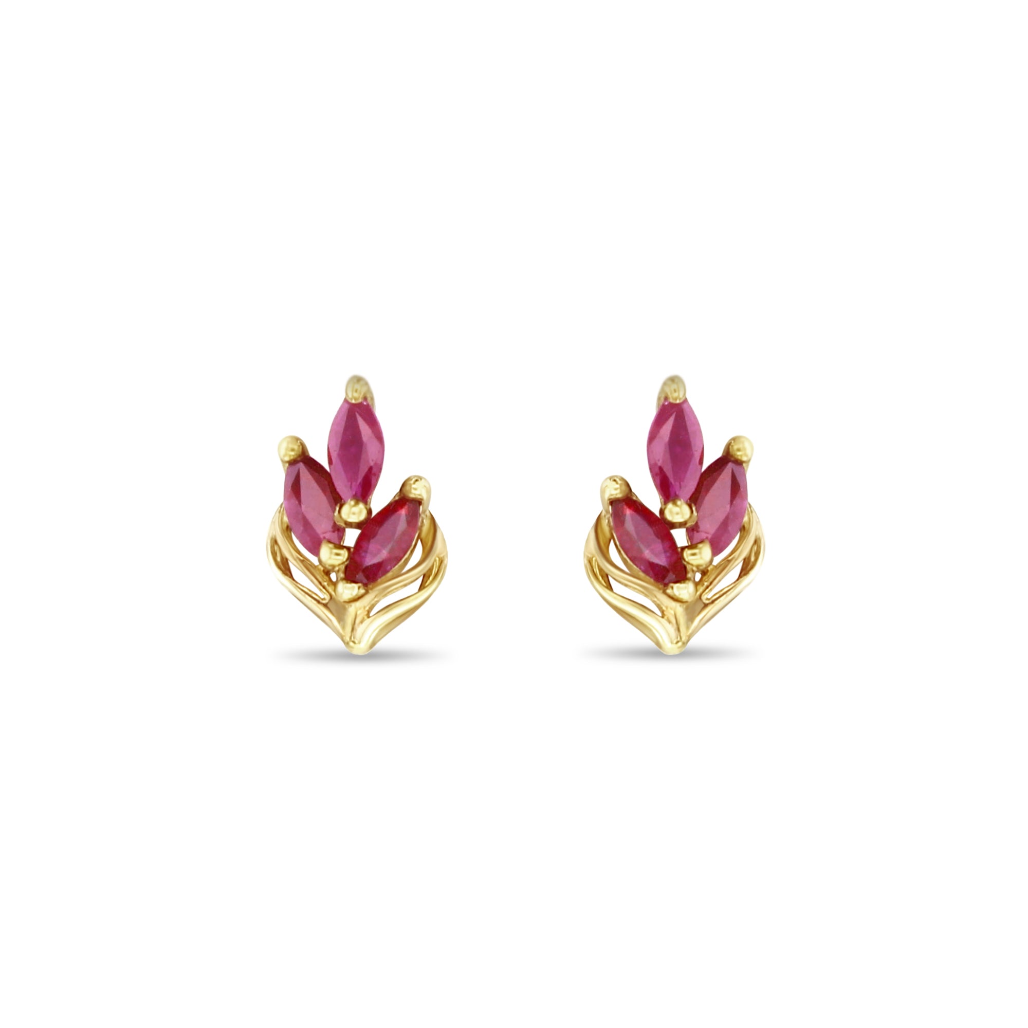 14K Yellow Gold Marquise Ruby Leaf Stud Earrings – Elegant Floral Jewelry for Women, Perfect for Weddings, Parties & Everyday Wear