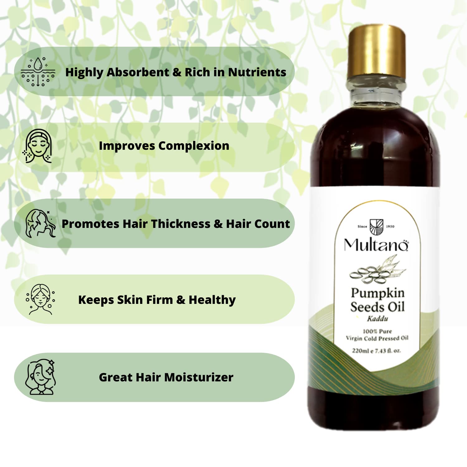 Organic Cold Pressed Pumpkin Seed Oil for Hair Growth & Skin Care - 100% Pure Undiluted Carrier Oil for Nails, Lips & Face Moisturizer | Natural Treatment for Dry Scalp & Anti-Aging | Perfect for DIY Beauty Recipes & Massage Therapy (50ml)