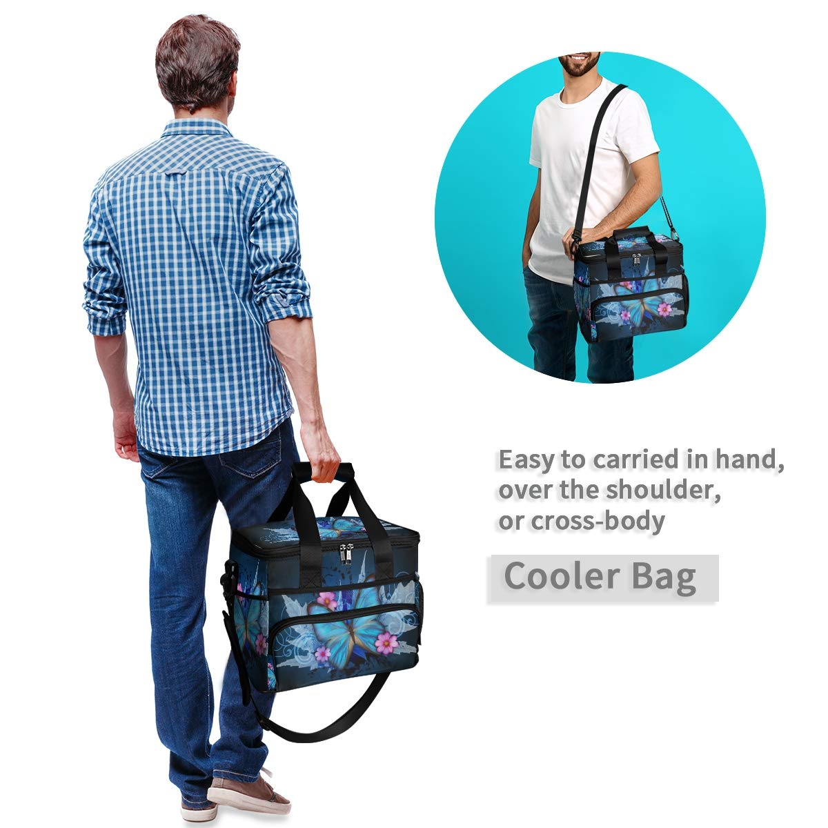 Butterfly Print Leakproof Insulated Lunch Cooler Bag with Detachable Shoulder Strap - Reusable Thermal Tote for Work, School, Picnic & Beach - Perfect for Women & Men's Lunch Storage & Organization