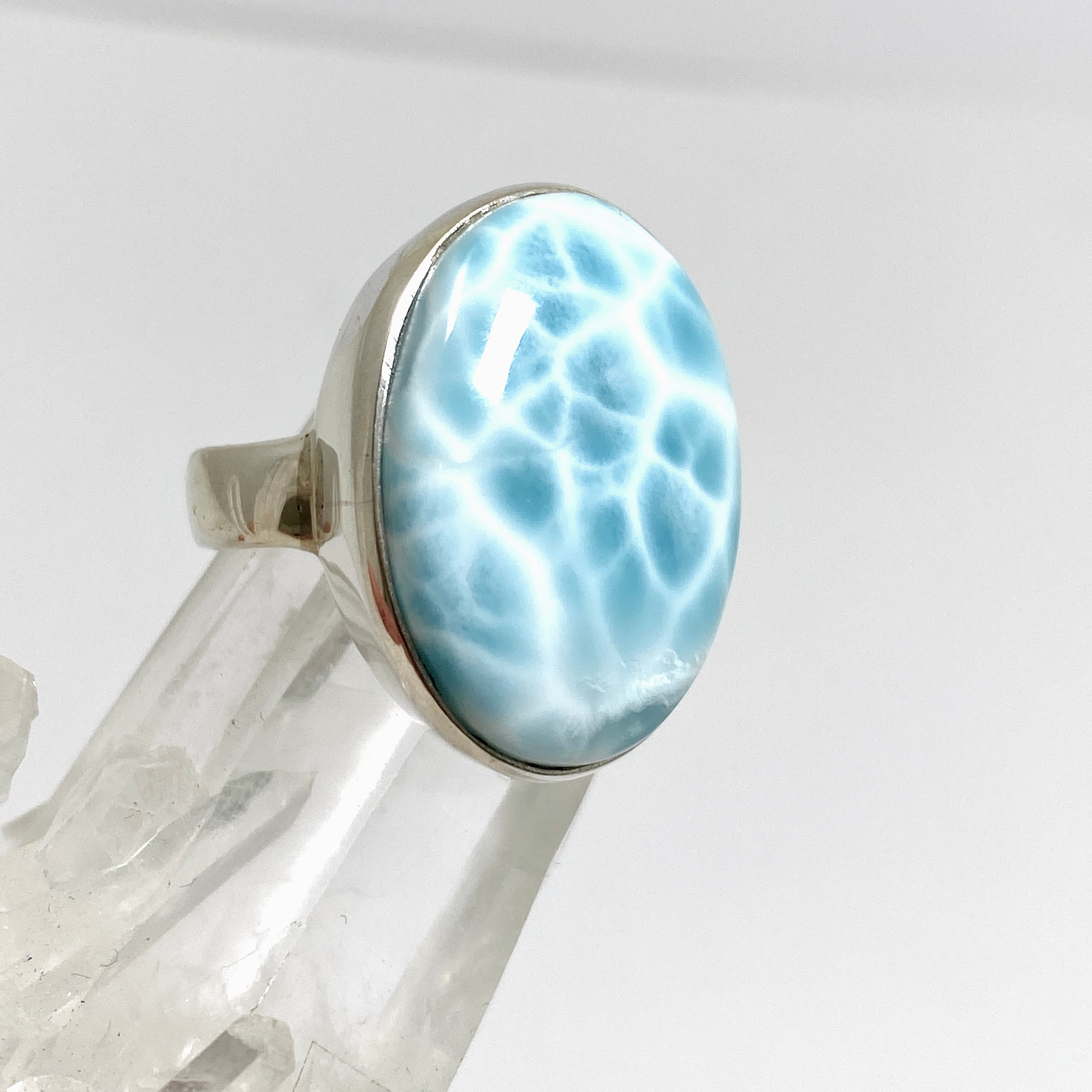 Larimar Oval Cabochon Ring Size 10.5 - Genuine Blue Stone Silver Jewelry for Women - Perfect for Beach Vacation & Boho Fashion