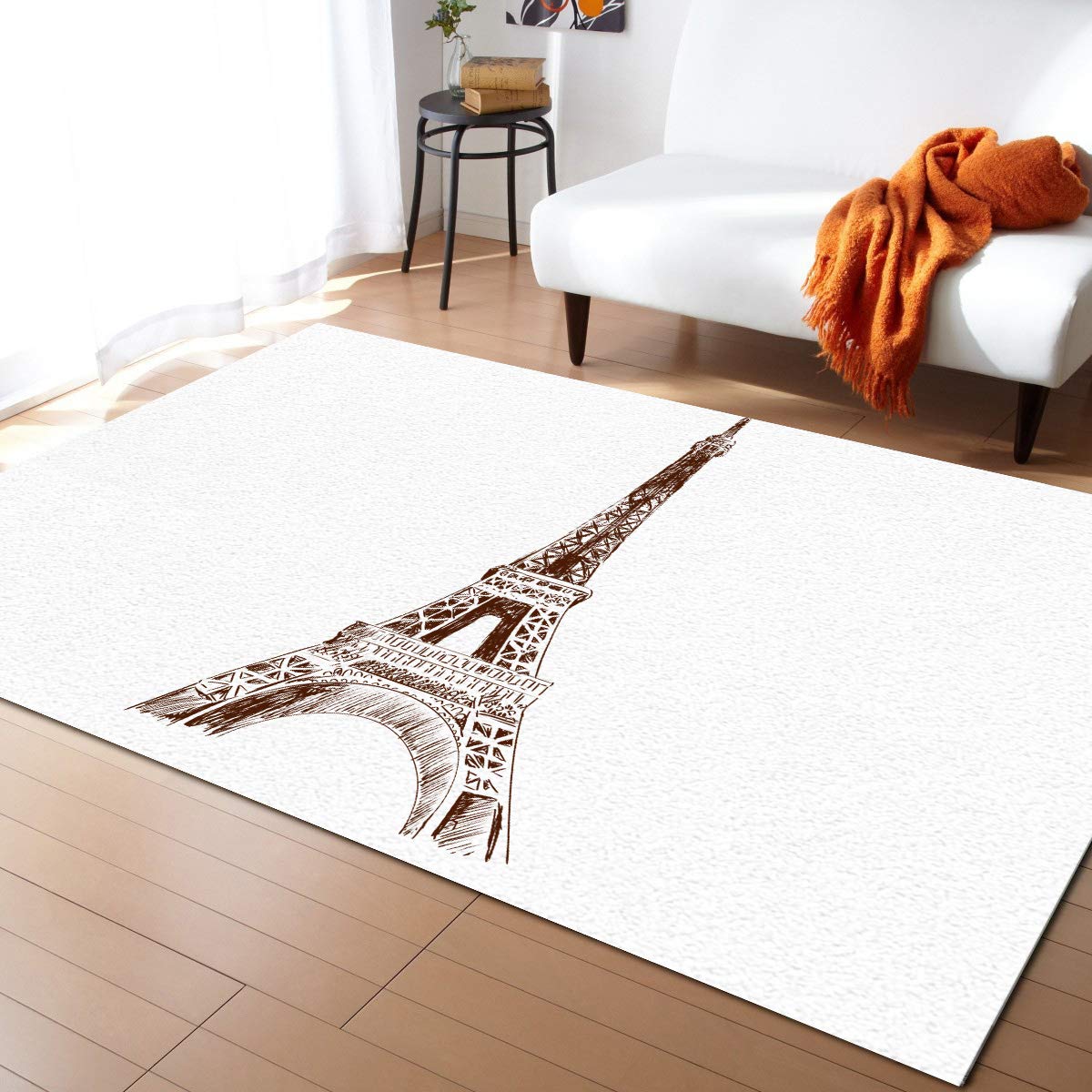 Hand-Drawn Eiffel Tower Paris France Non-Slip Rectangle Area Rug 4'x6' - Soft Indoor Accent Rug for Bedroom, Living Room, Kids Room & Playroom | Perfect for French-Themed Decor & Cozy Home Spaces